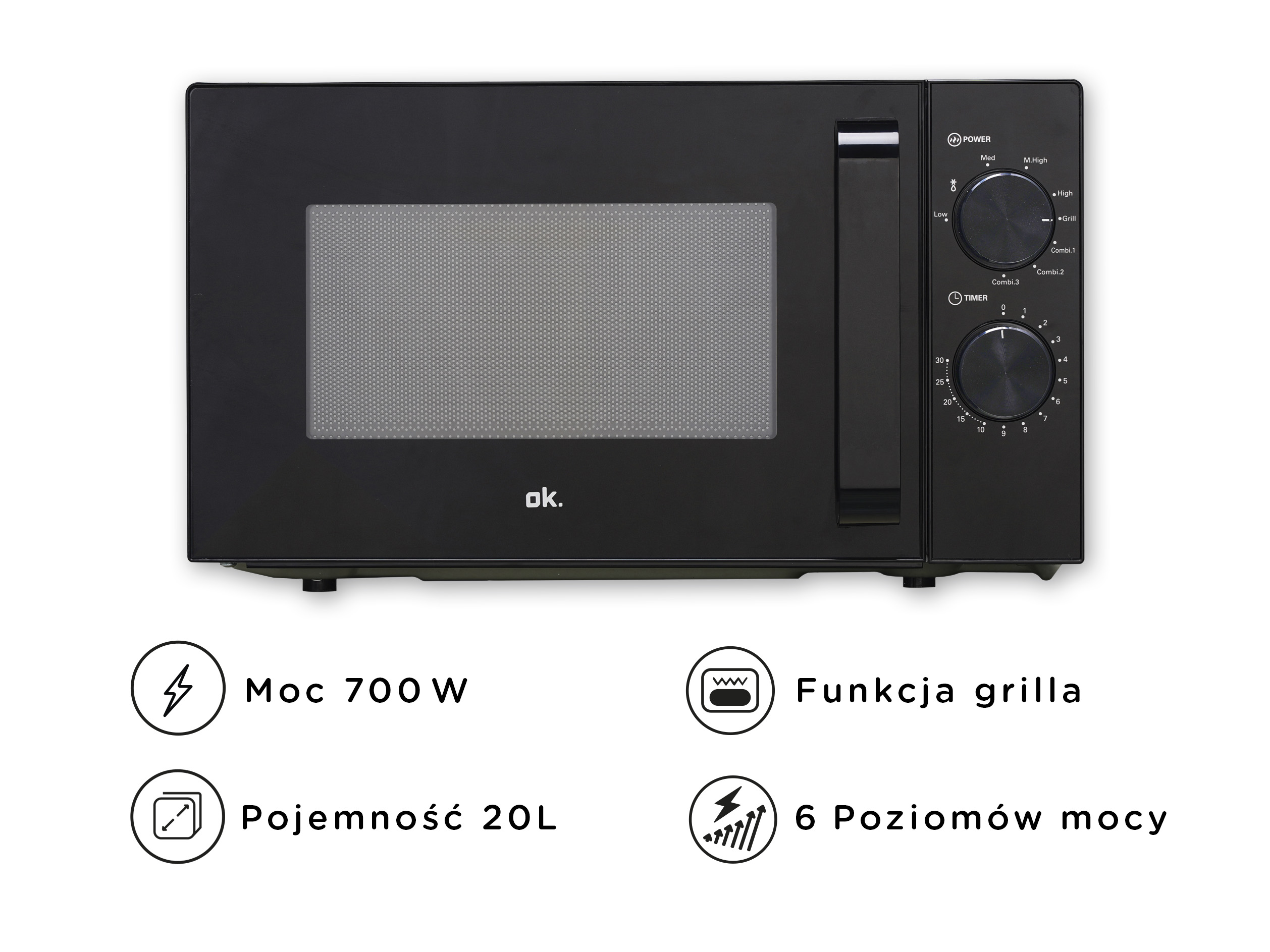 Czarna kuchenka mikrofalowa z srebrną rączką, pokrętłami i szklanym oknem.