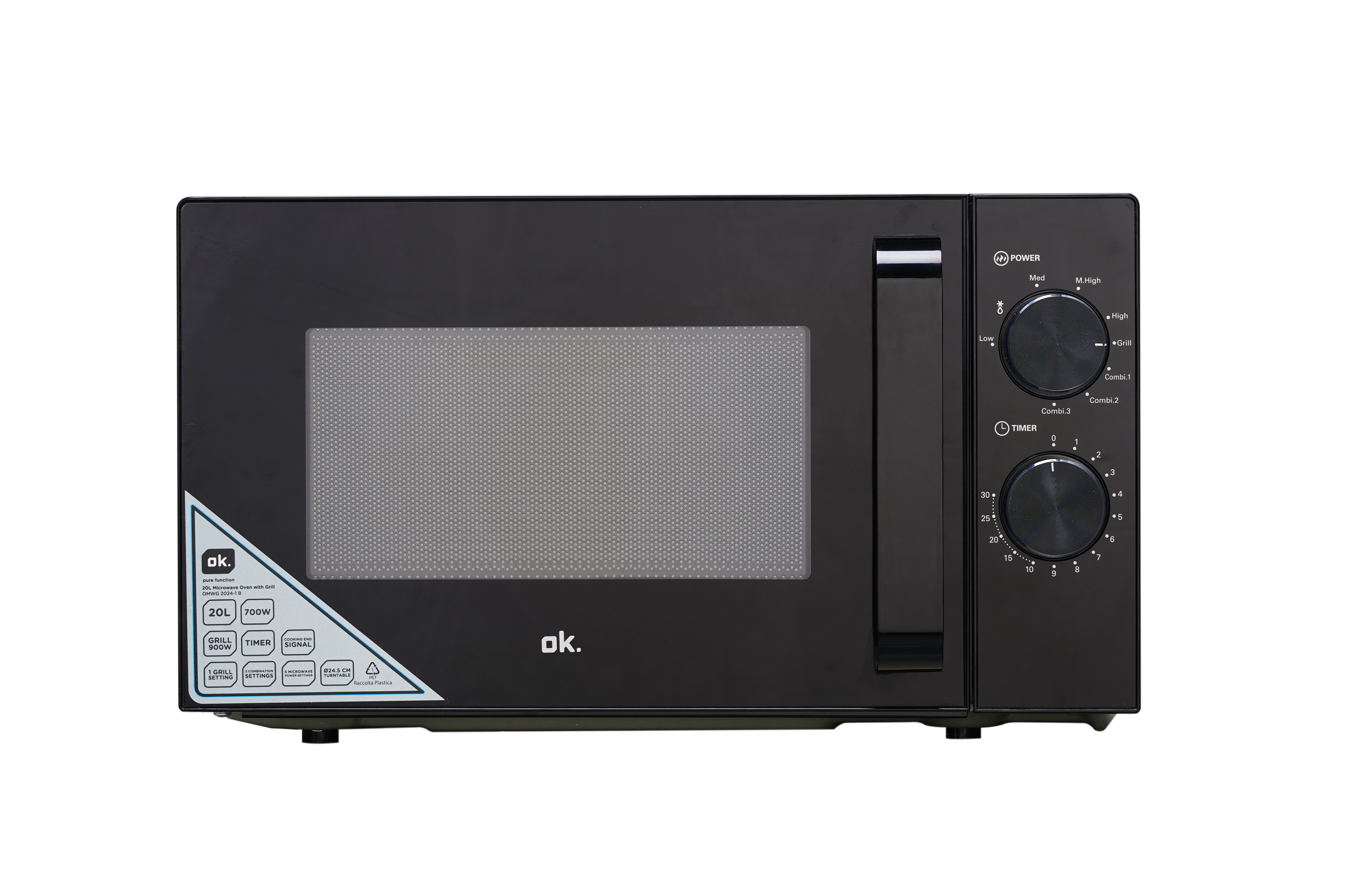 Czarna kuchenka mikrofalowa z grilem, z pokrętłami mocy i timera.