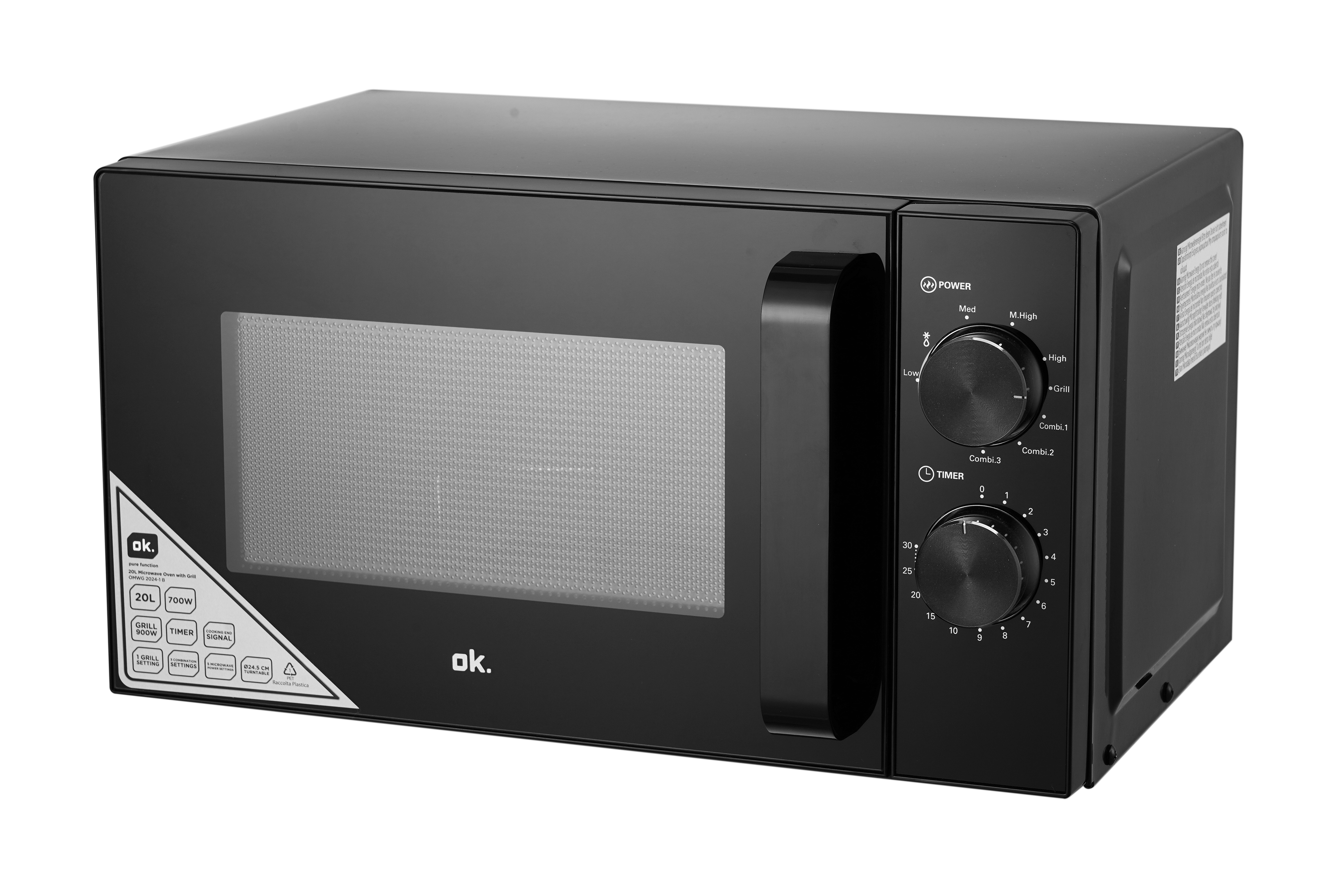 Czarna kuchenka mikrofalowa OK. z grillem, 20L, 700W, z dwoma pokrętłami mocy i timera.