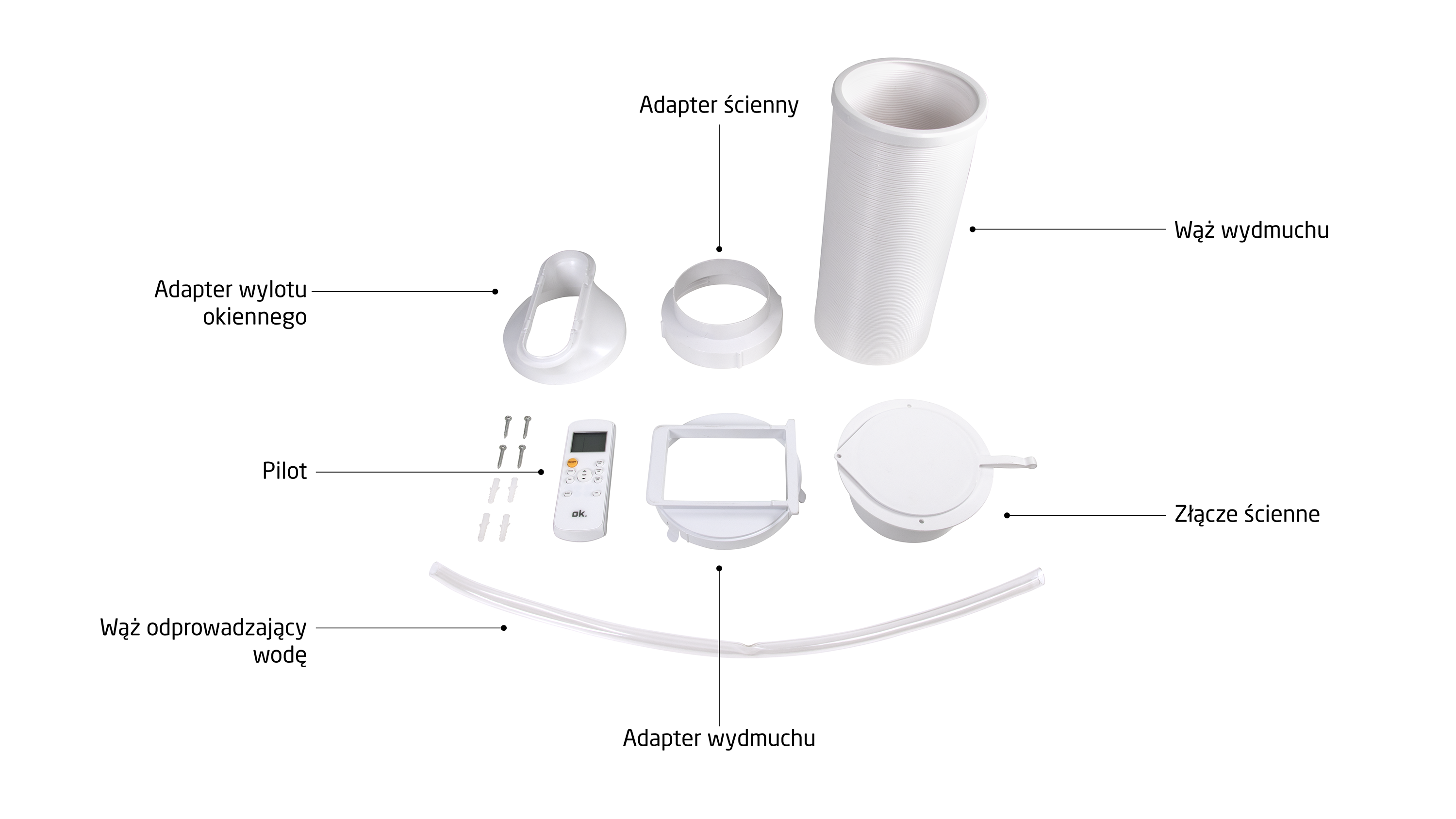 Białe akcesoria do klimatyzatora: pilot, węże i adaptery.