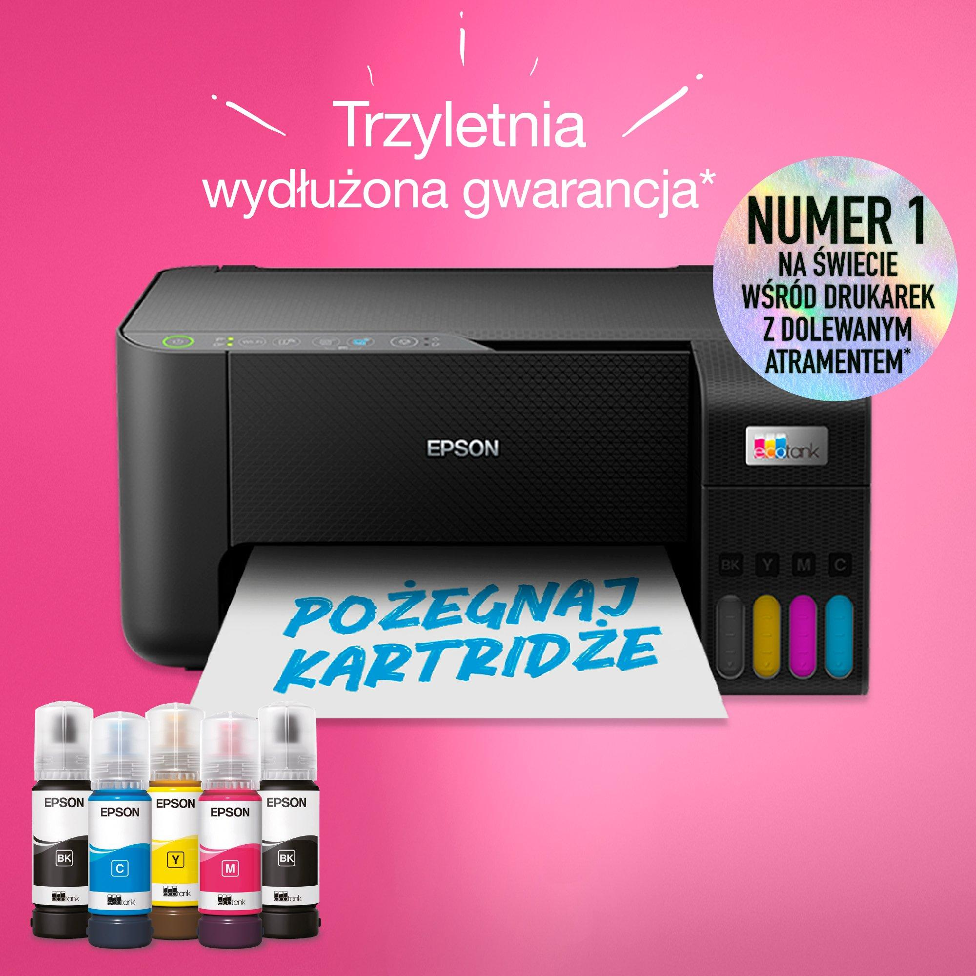 Czarna drukarka Epson EcoTank z czterema butelkami atramentu i papierem.
