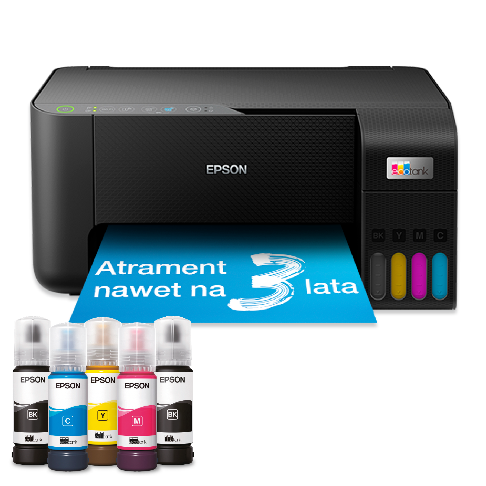 Czarna drukarka Epson EcoTank z butelkami czarnego, cyjanowego, żółtego i magenta tuszu.
