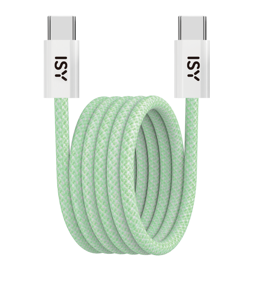 Kabel ISY ze złączami USB-C, pleciony zielono-biały.
