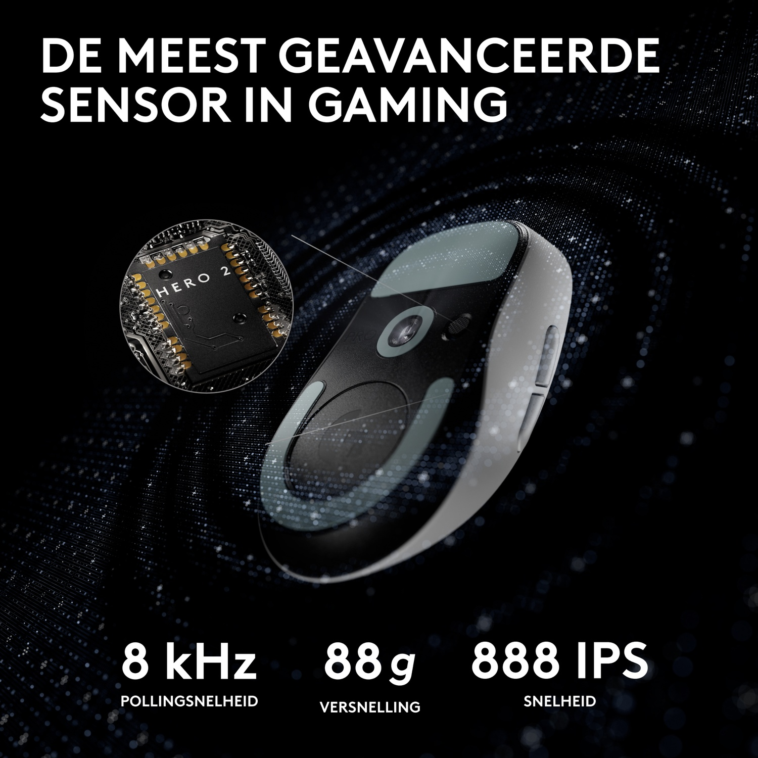 Gaming mouse with "HERO 2" sensor, 8 kHz polling rate, 88g weight, 888 IPS.