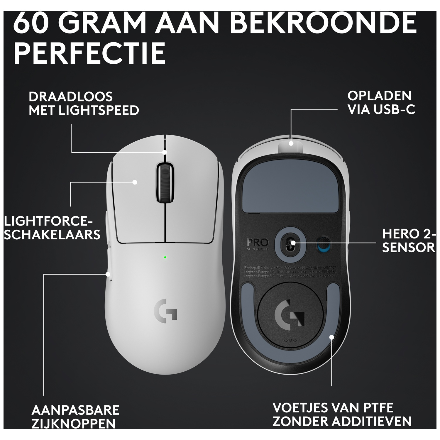 Two white Logitech mice side-by-side, front and back views. Text highlights features.