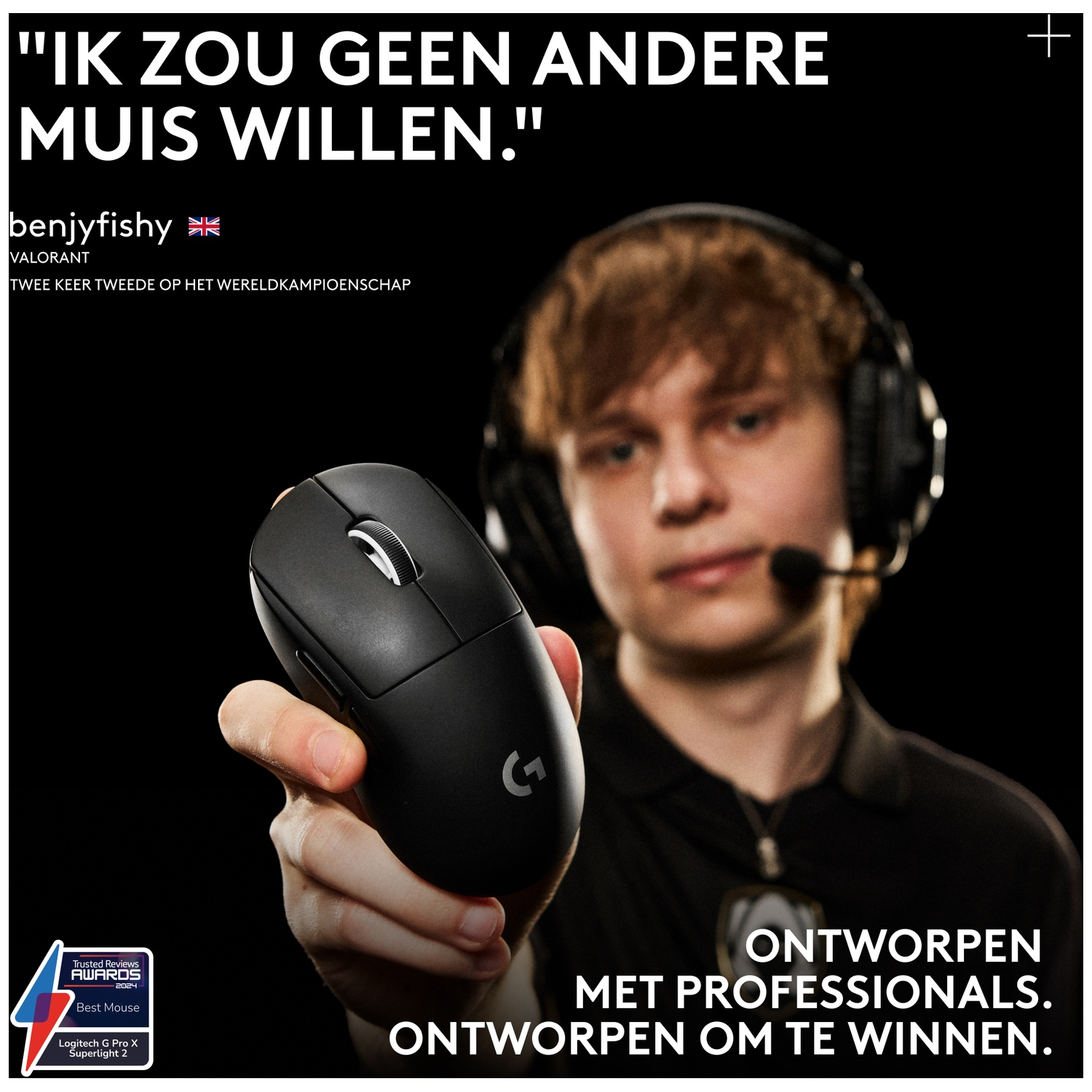 A man wearing headphones holds a black mouse. Text at top and bottom.