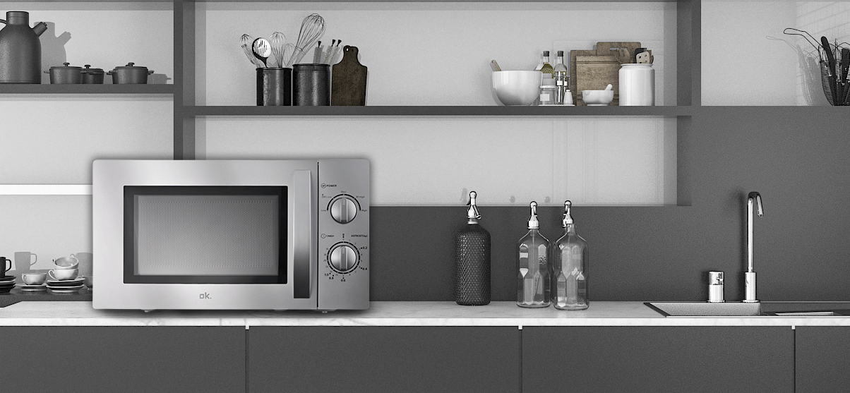 Elegancka nowoczesna kuchnia z mikrofalą, butelkami i zlewem.