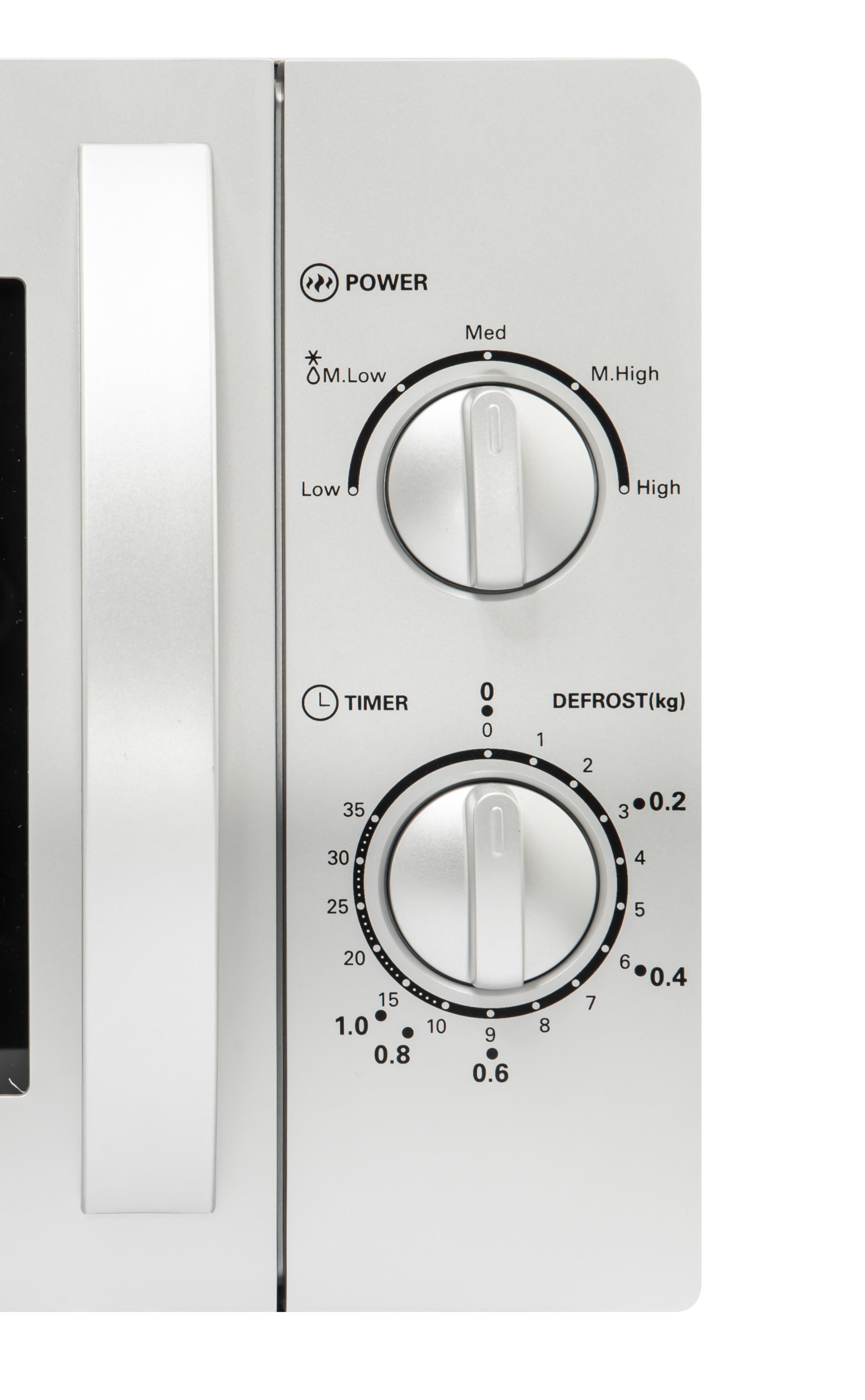 Zbliżenie na panel sterowania białej kuchenki mikrofalowej z pokrętłami mocy i timera.