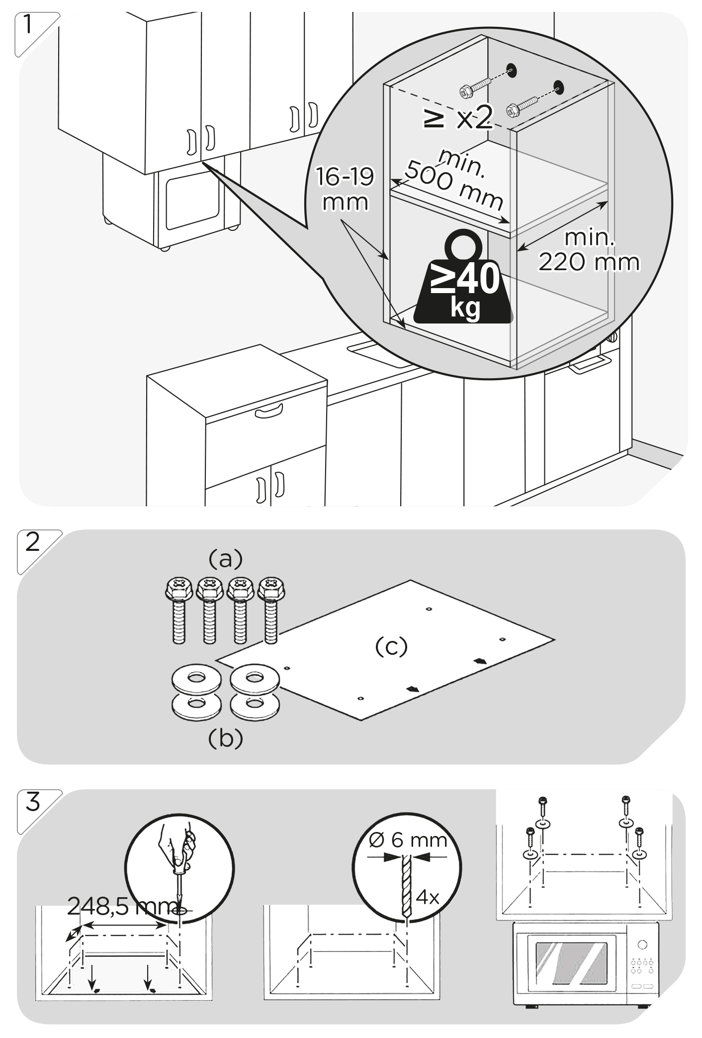 Instrukcja montażu szafki z mikrofalówką, pokazująca wymiary i limit wagowy.