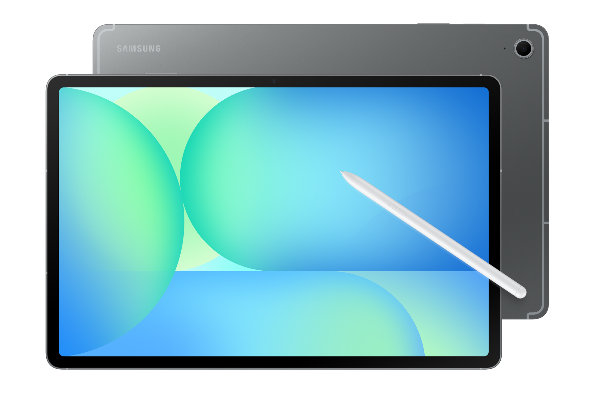 Srebrny tablet Samsung ze stylusem leży na czarnym tle.