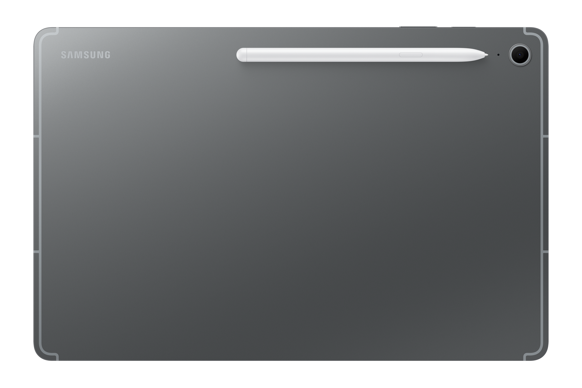 Tył szarego tabletu Samsung ze stylusem i aparatem.