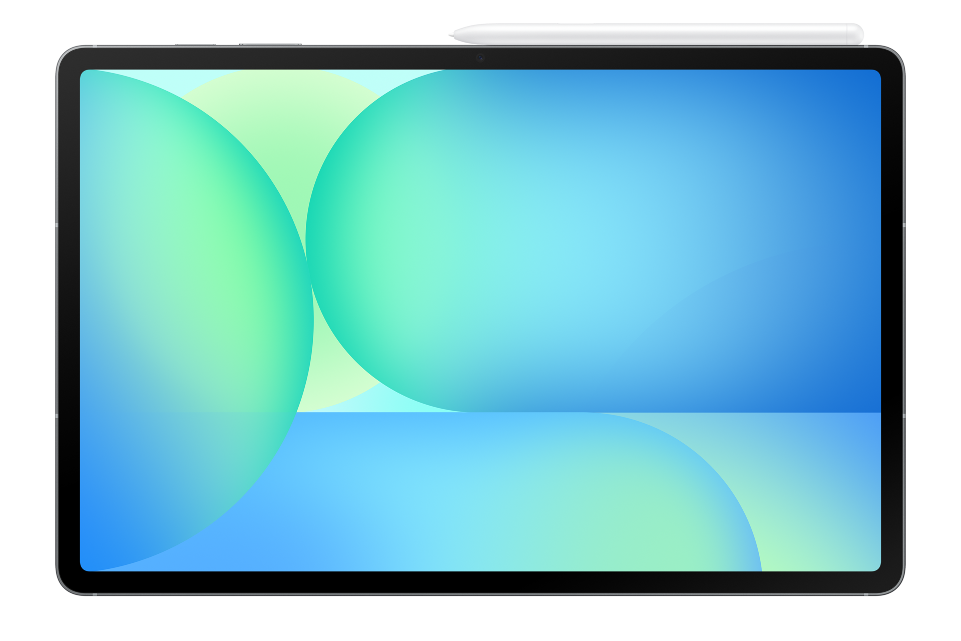 Srebrny rysik spoczywa na tablecie z niebiesko-zielonym abstrakcyjnym tłem.