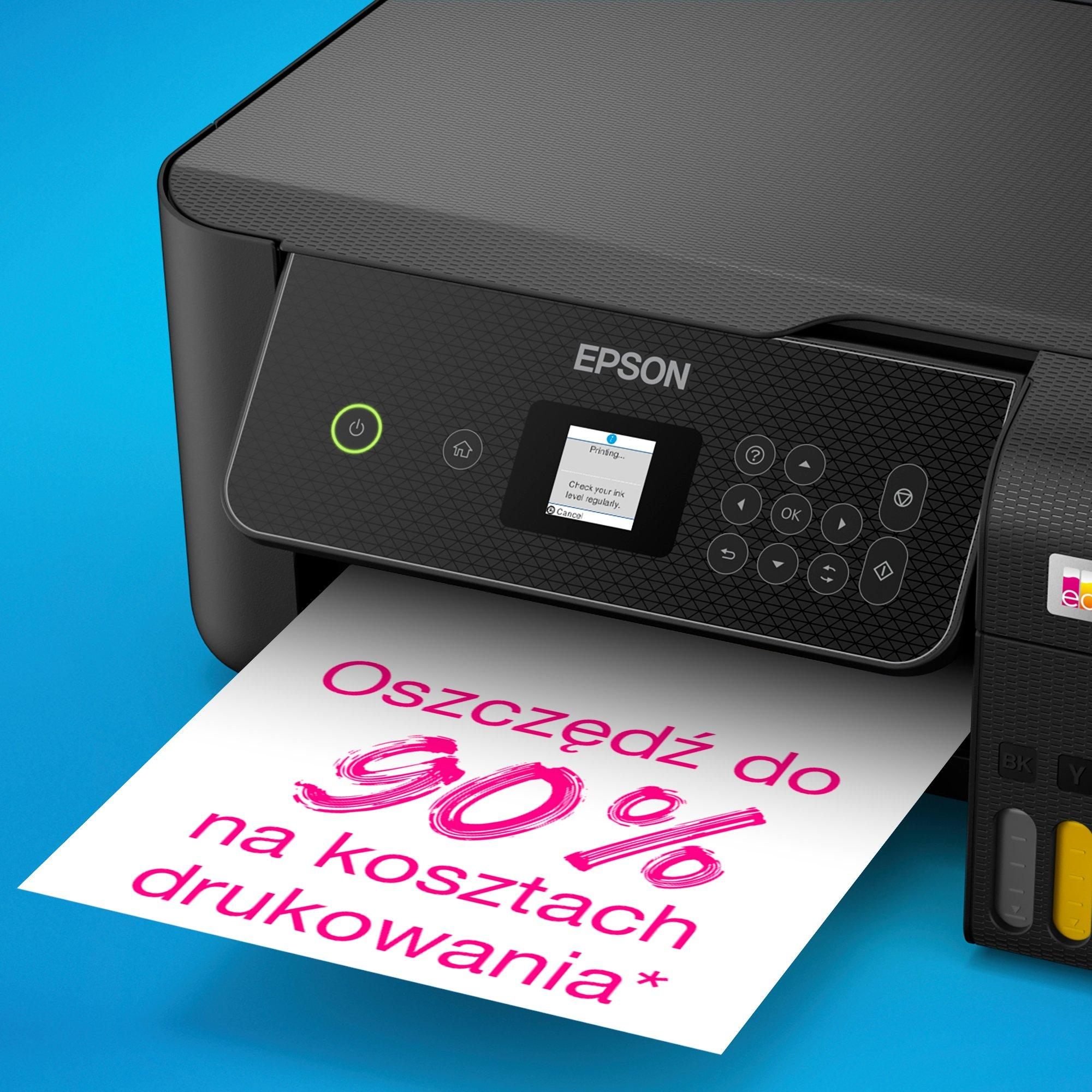 Drukarka Epson drukuje kartkę z różowym tekstem "Oszczędź do 90% na kosztach drukowania".