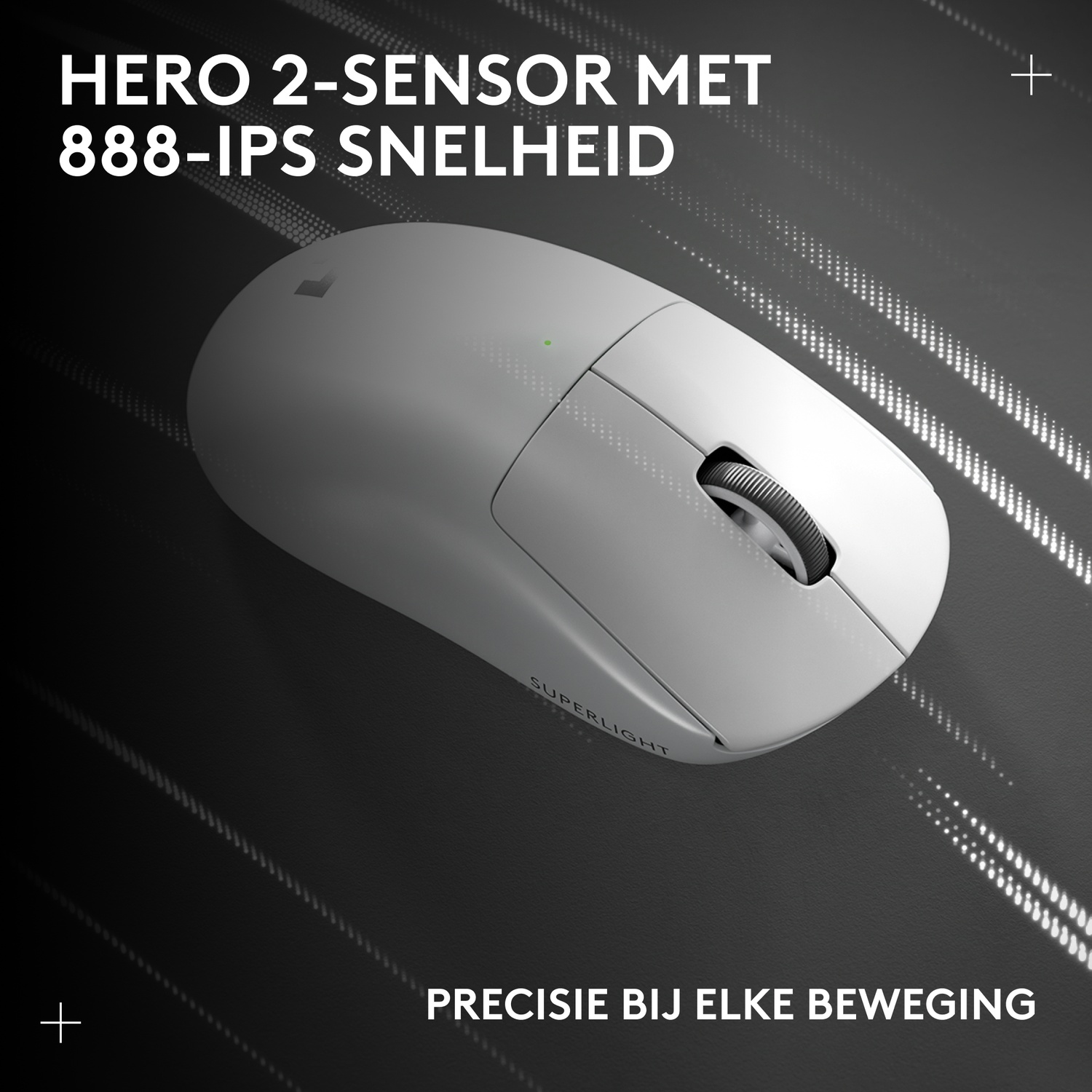 A white wireless mouse with a scroll wheel on a dark background.