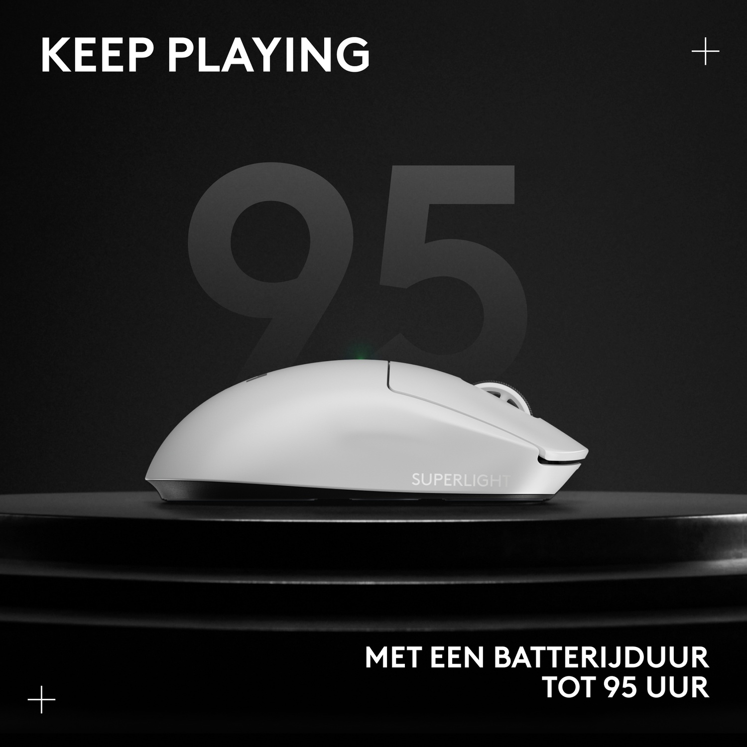 White gaming mouse with 'Superlight' text, 95 hours battery life.