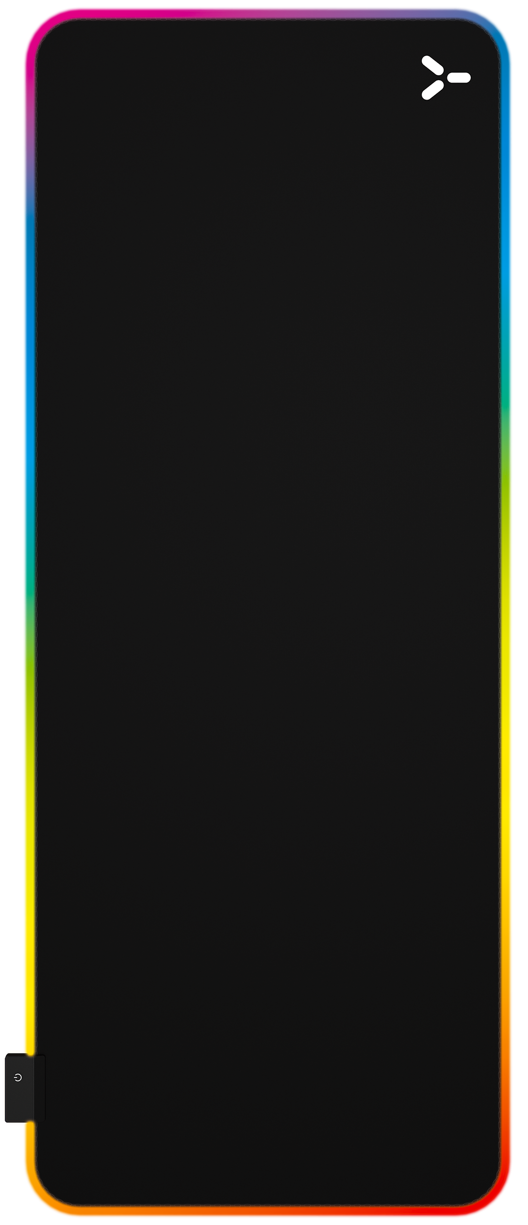 Czarny ekran z obramowaniem RGB i ikoną zasilania po lewej.