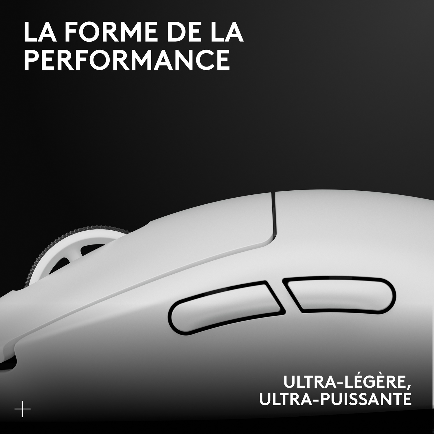 Souris blanche avec molette et boutons, gros plan détaillé.