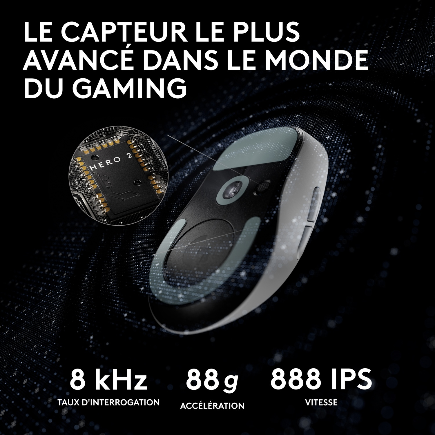 Souris gaming avec capteur HERO 2, 8 kHz, 88g, 888 IPS.
