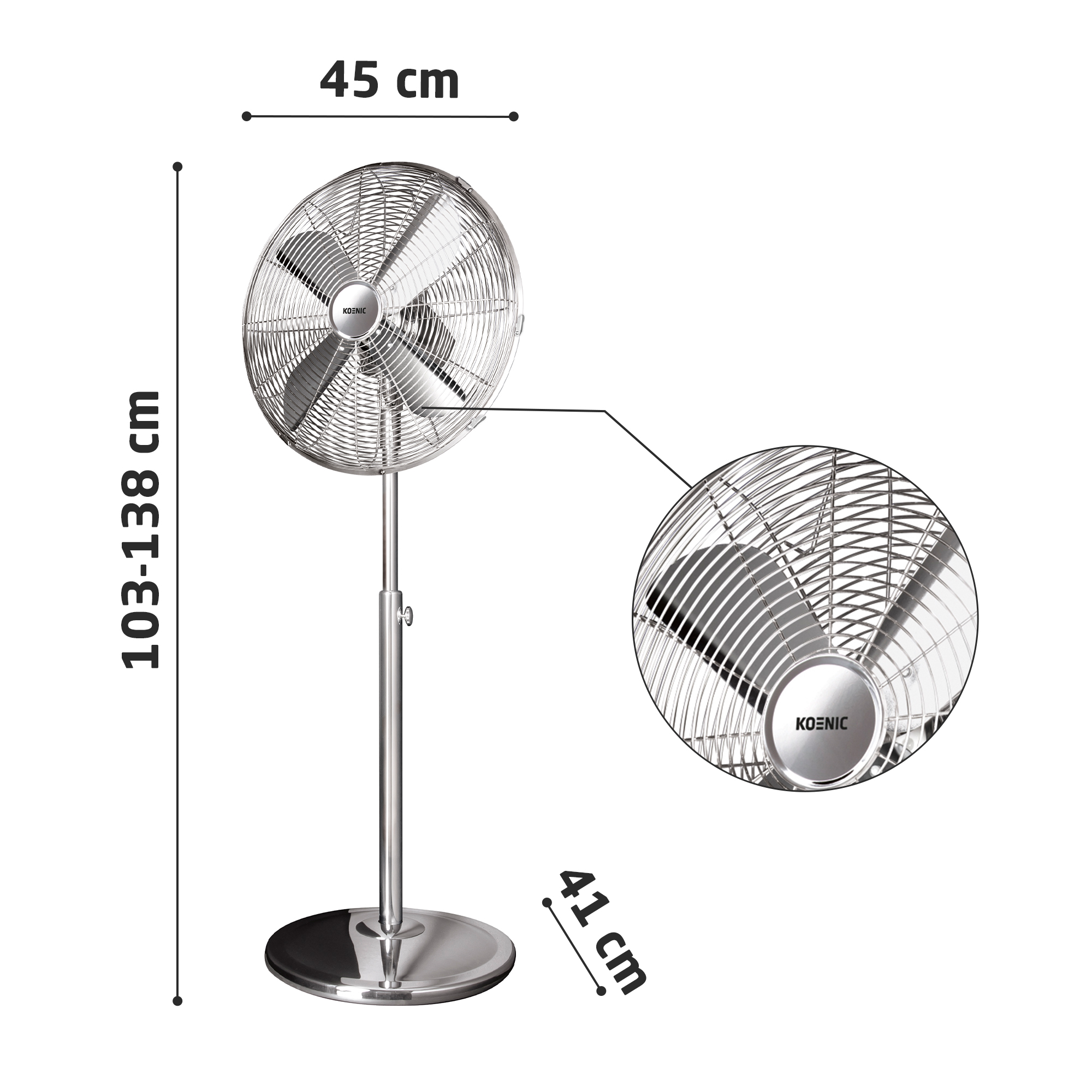 Srebrny wentylator stojący z metalowymi kratkami i logo.