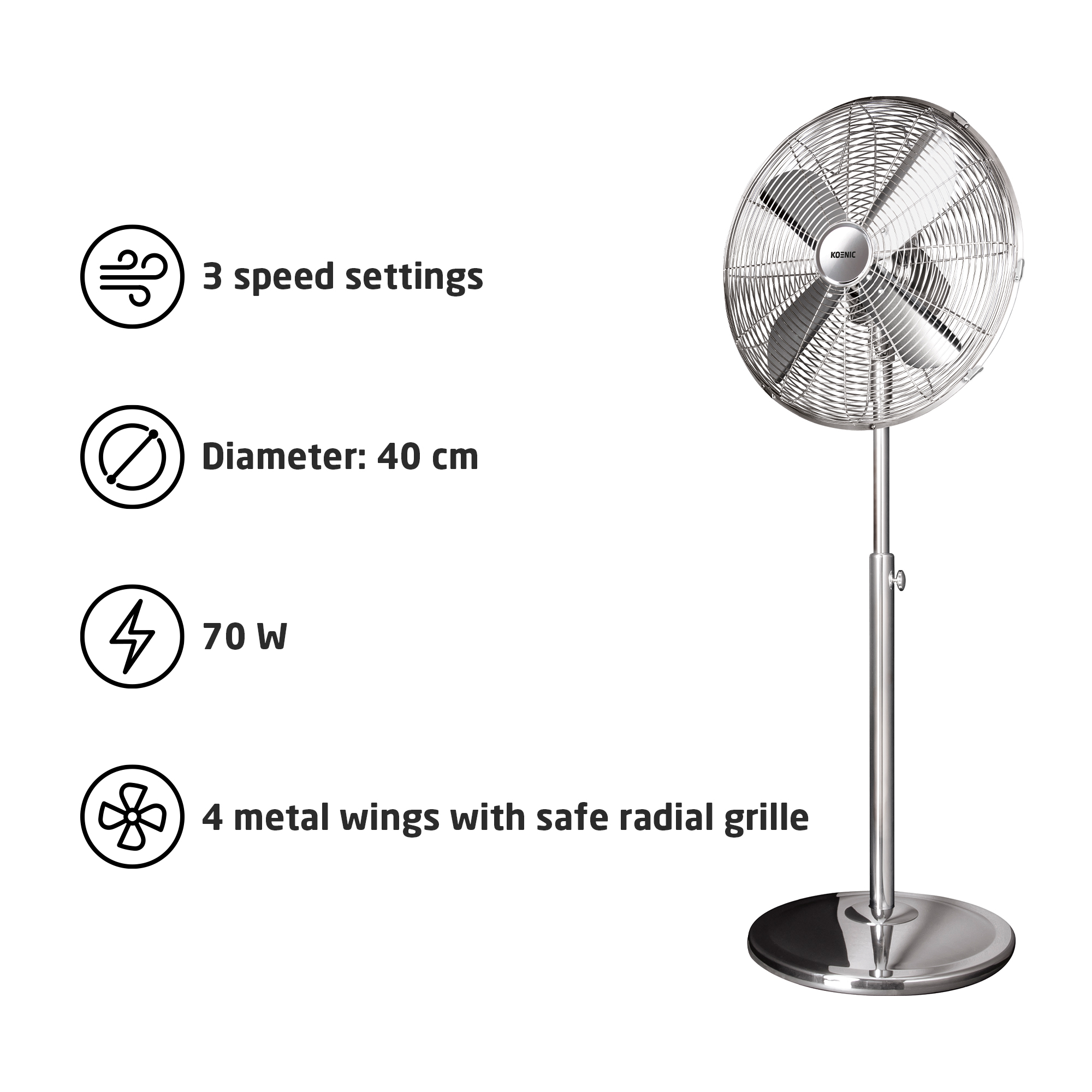 Srebrny wentylator stojący z 3 prędkościami, średnica 40cm, 70W.