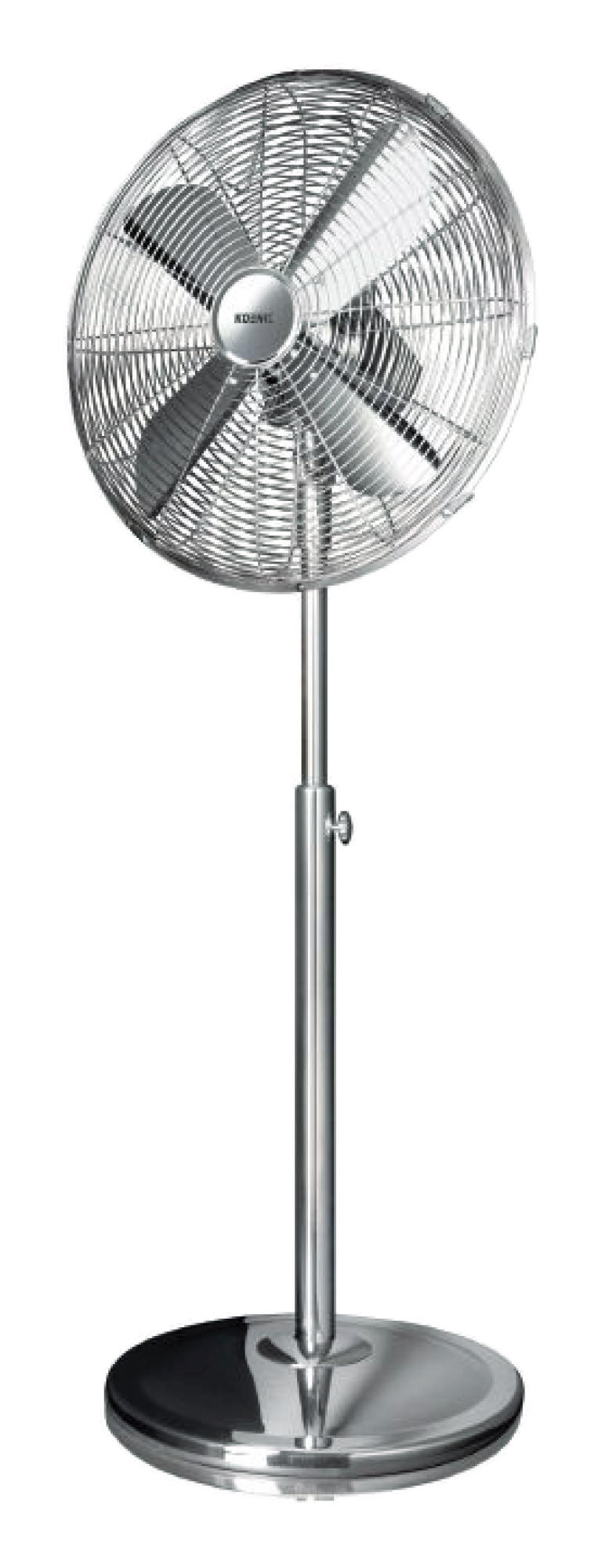 Srebrny wentylator stojący z metalową kratką i pięcioma łopatkami.