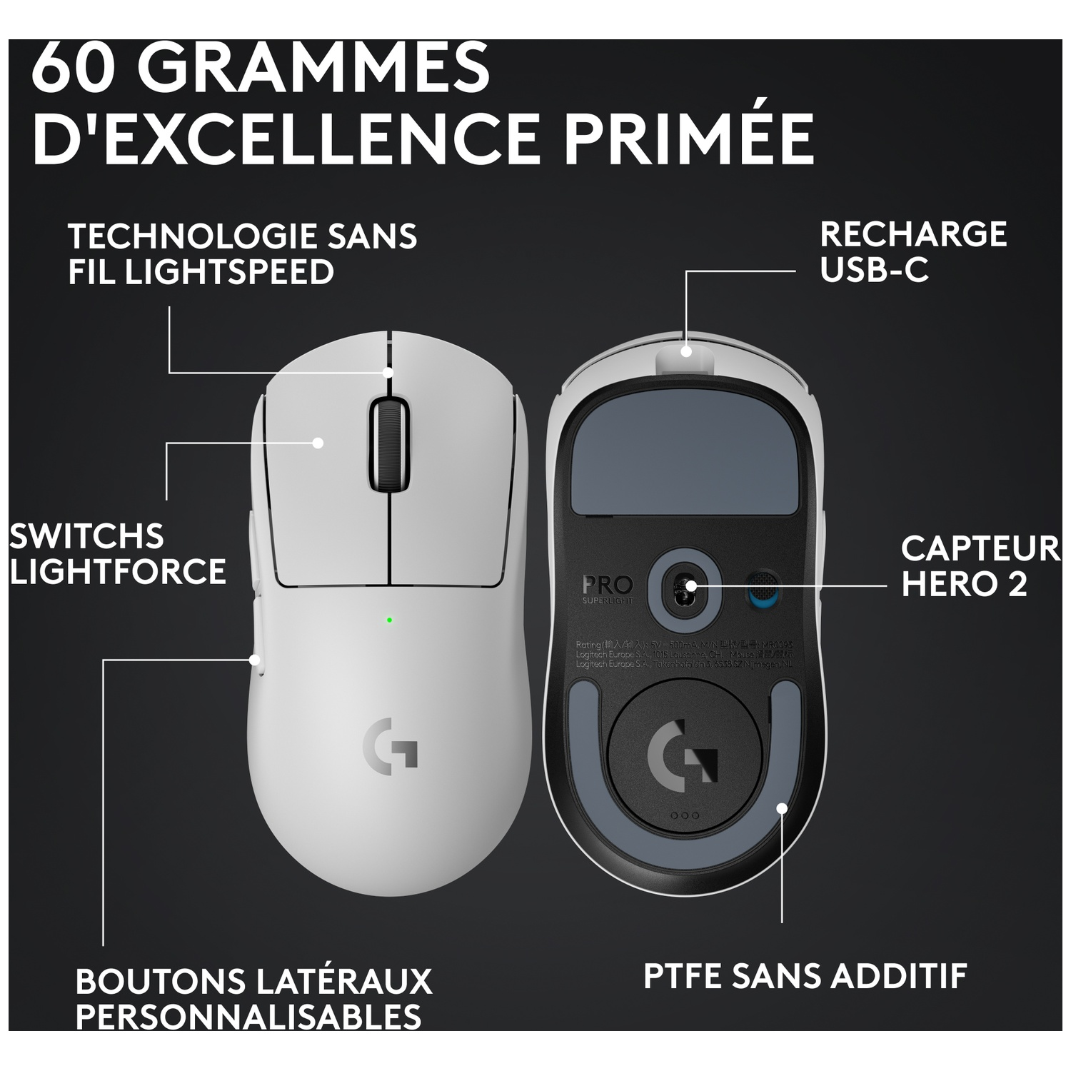 Souris gaming blanche avec recharge USB-C, technologie Lightspeed et capteur HERO 2.