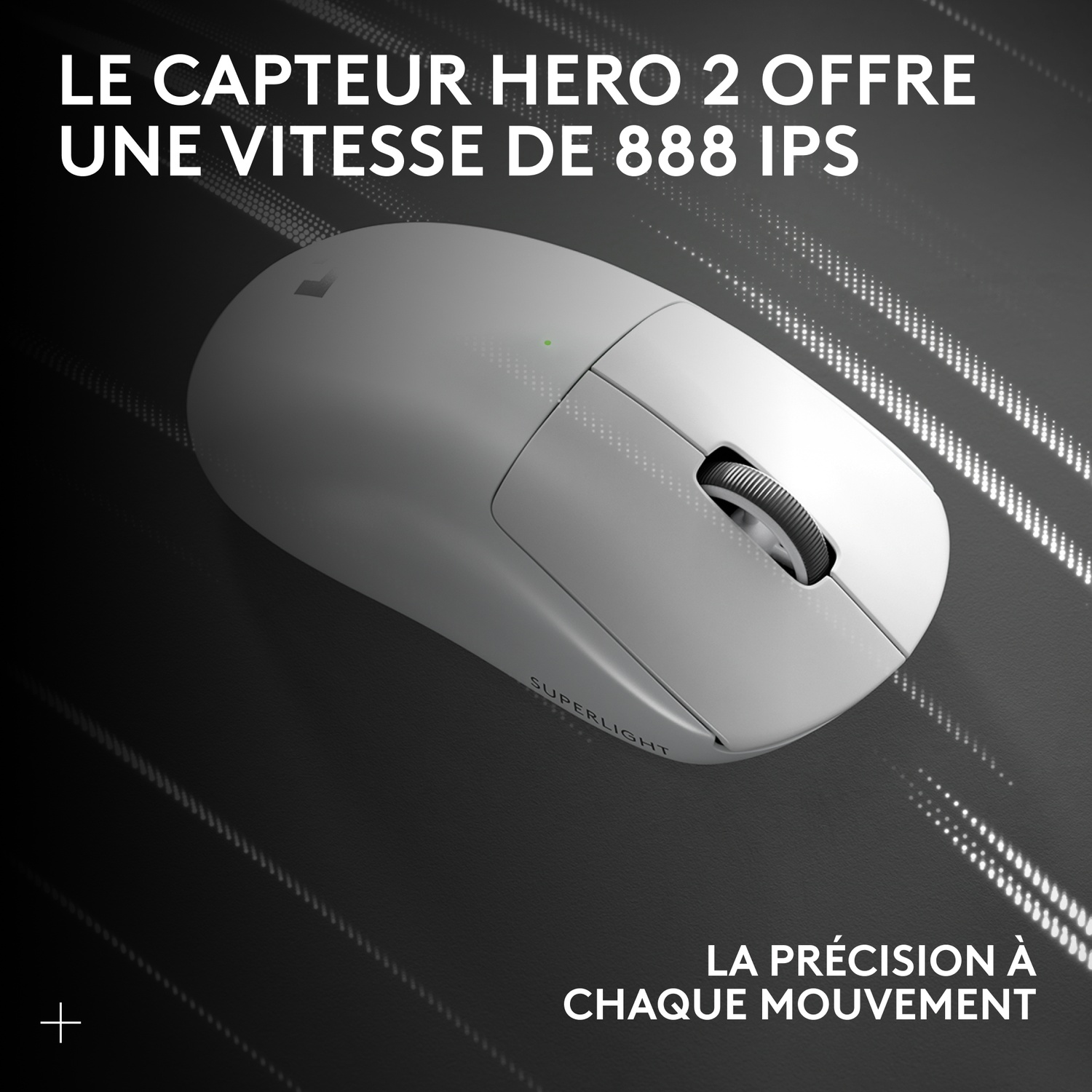 Souris blanche avec molette et inscription "Superlight" sur fond sombre.
