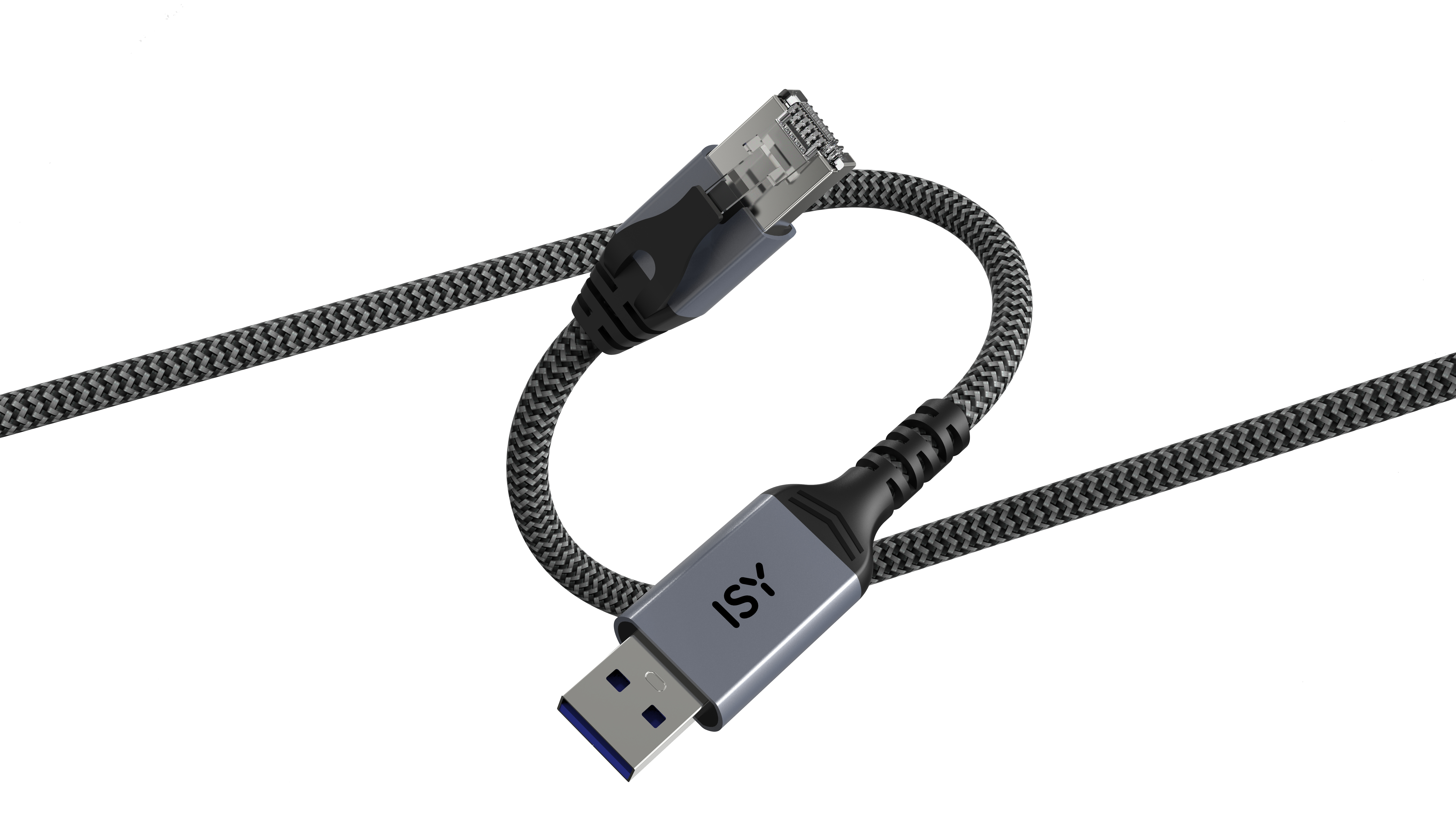 Szary kabel USB ze srebrną wtyczką i czarnym plecionym sznurkiem.