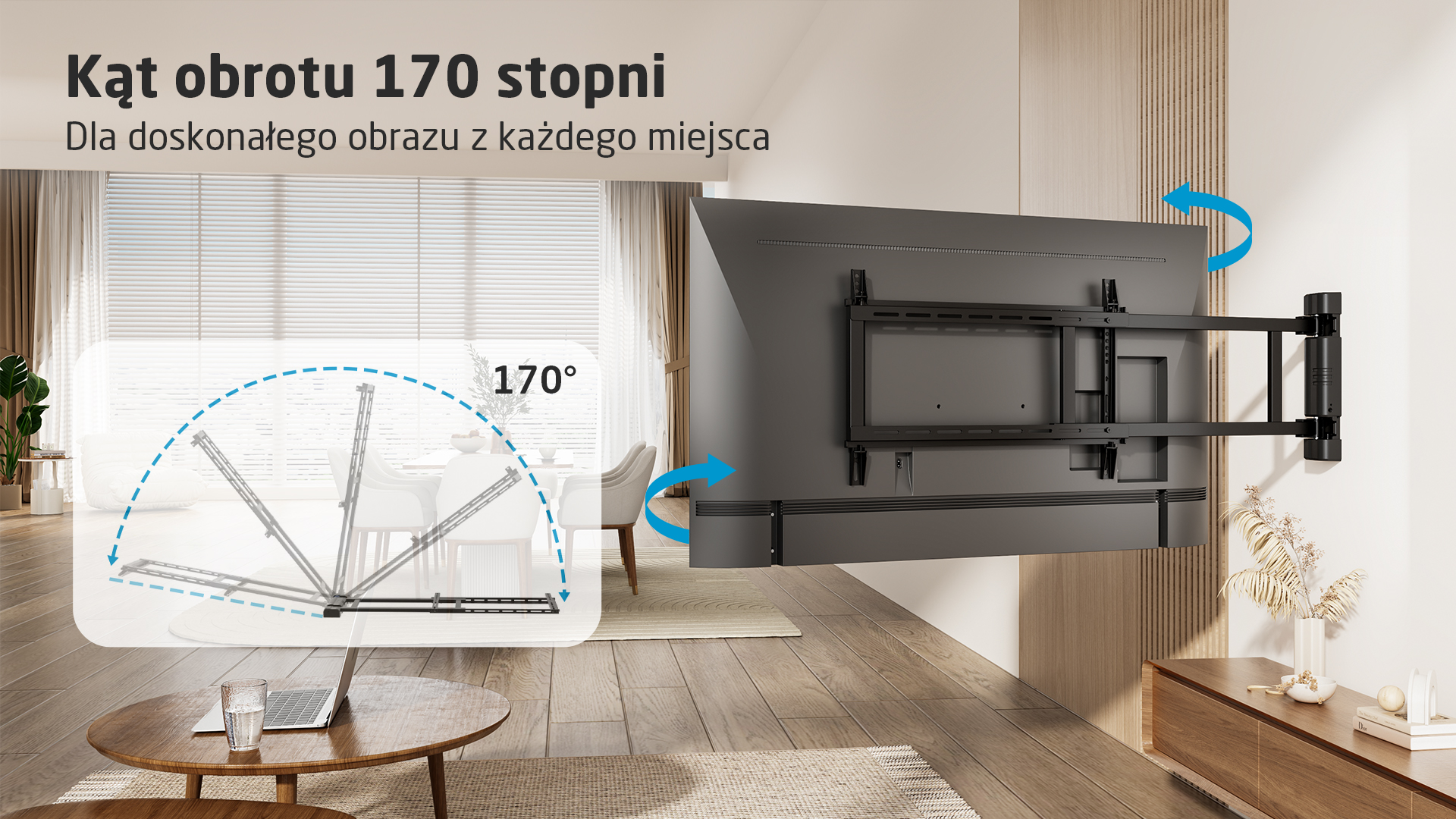 Uchwyt ścienny do telewizora z zakresem obrotu 170 stopni.