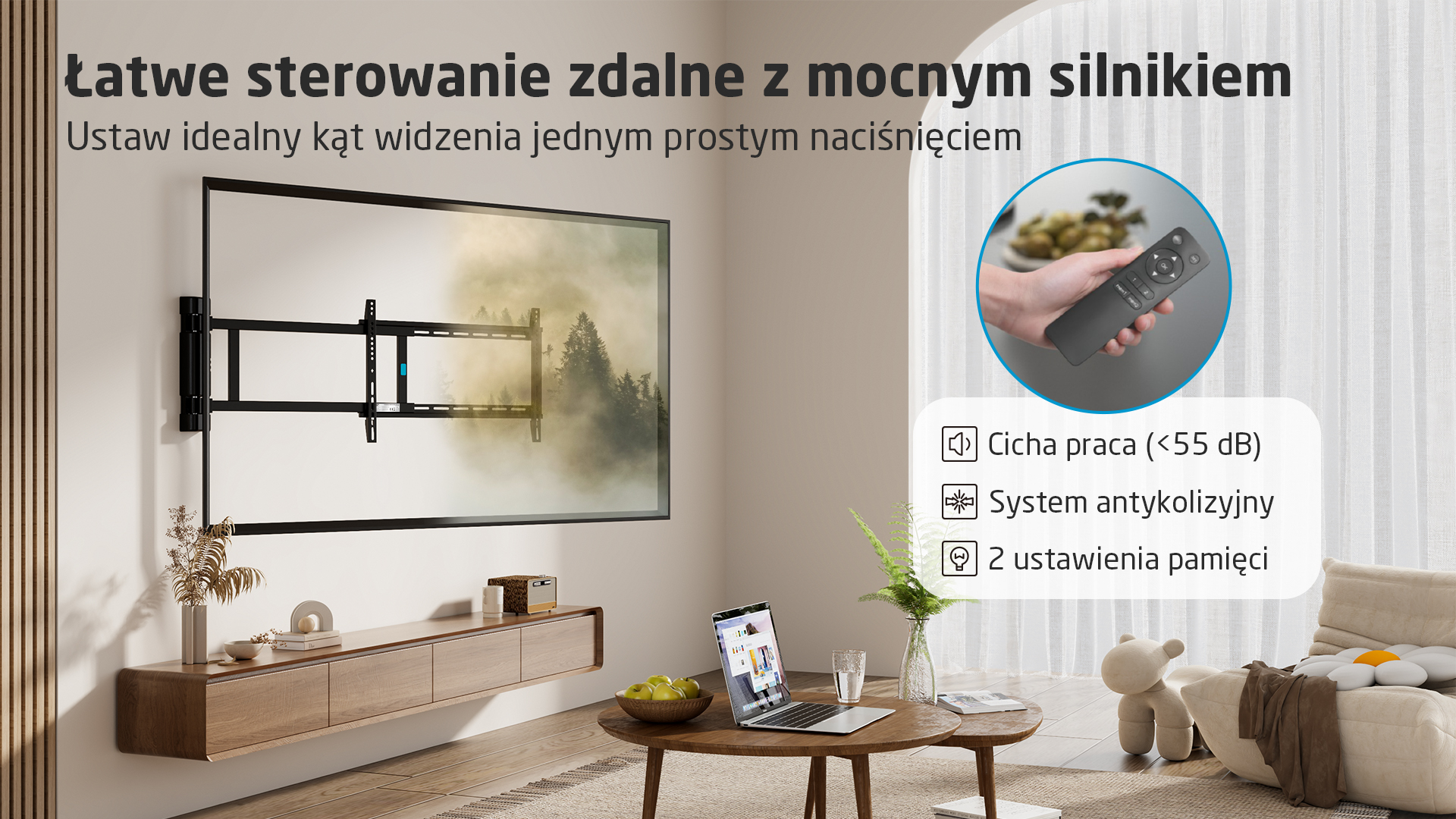 Uchwyt ścienny do TV z pilotem, cichą pracą i systemem antykolizyjnym.