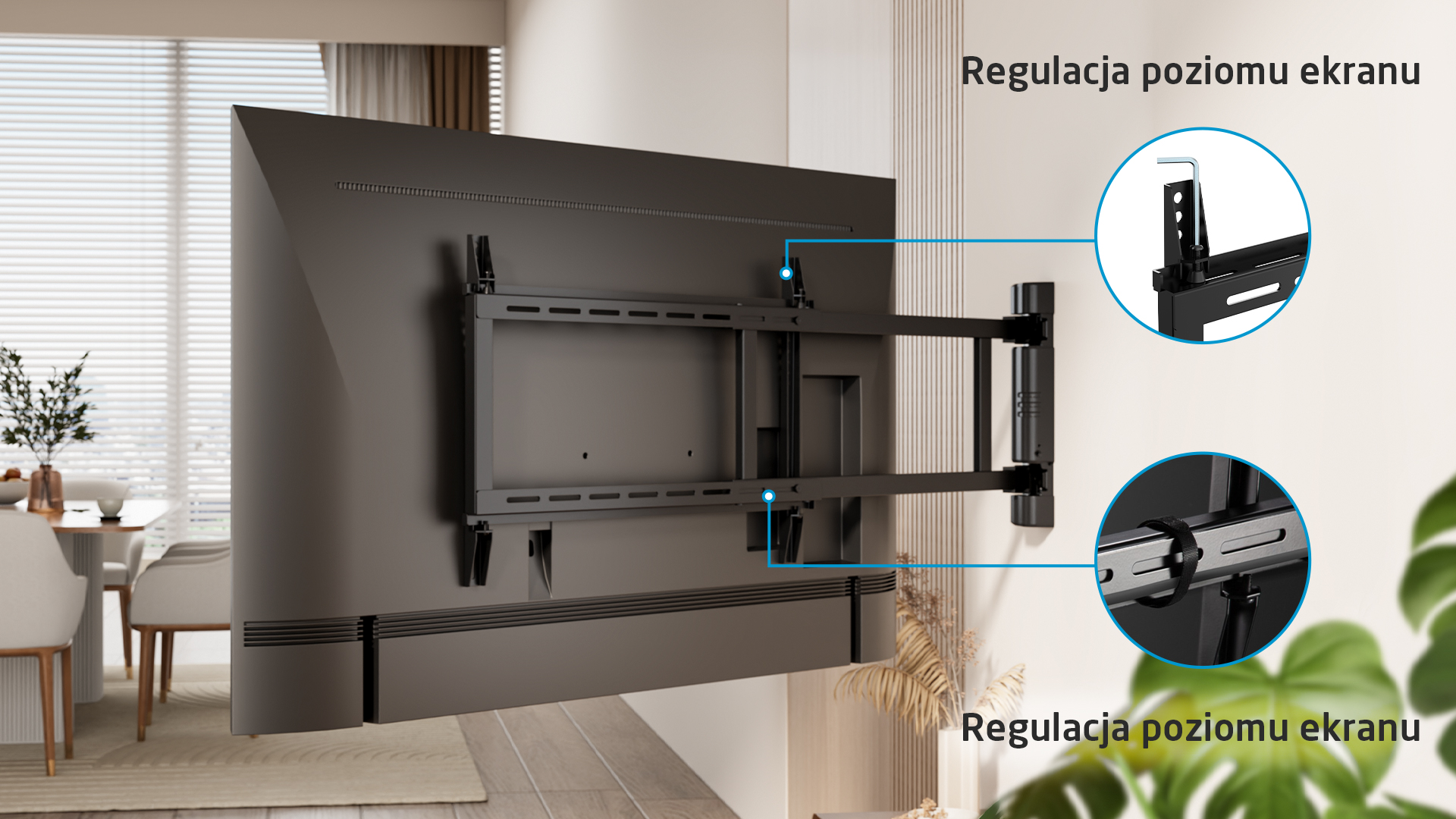 Duży czarny telewizor zamontowany na wsporniku ściennym. Małe kółka uwydatniają detale.