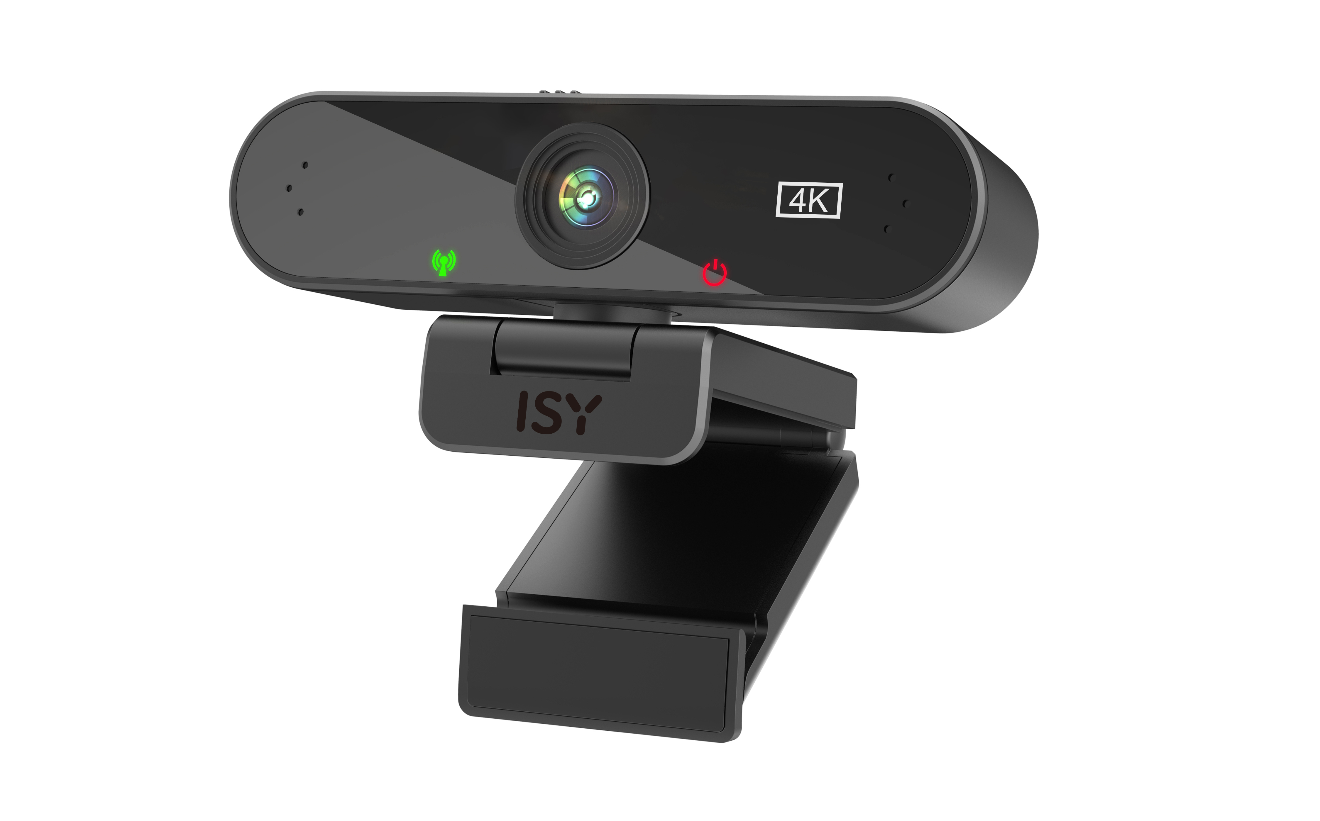 Czarna kamera internetowa 4K z elastycznym mocowaniem i logo ISY.