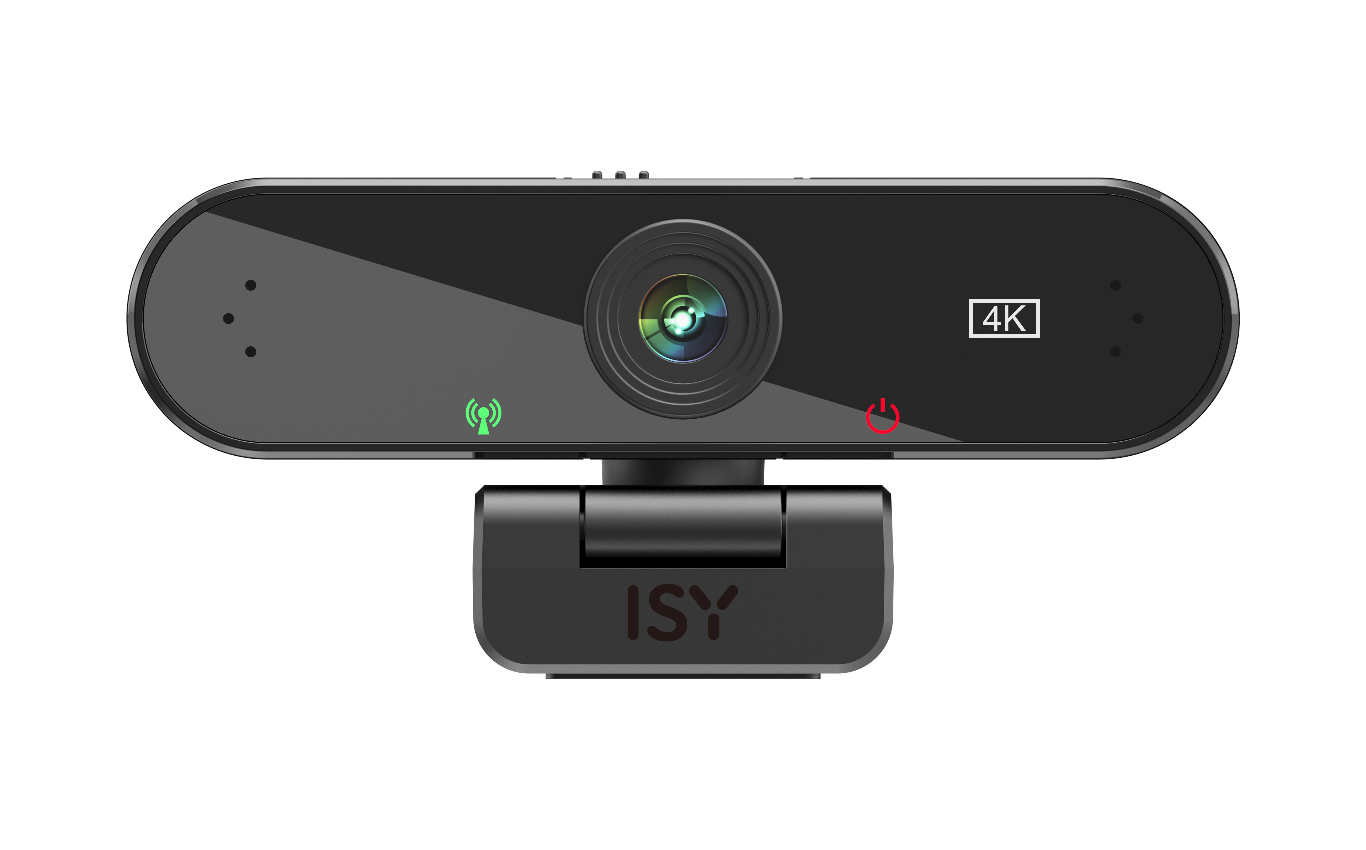 Czarna kamera internetowa z logo 4K, ikonami Wi-Fi i zasilania oraz logo ISY na podstawce.