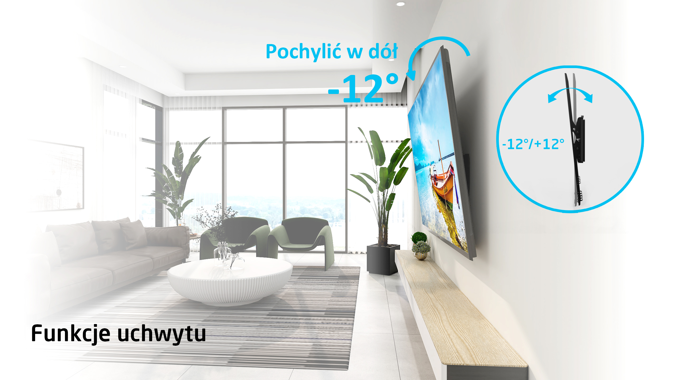 Salon z telewizorem zamontowanym na ścianie, pokazanym pod kątem.