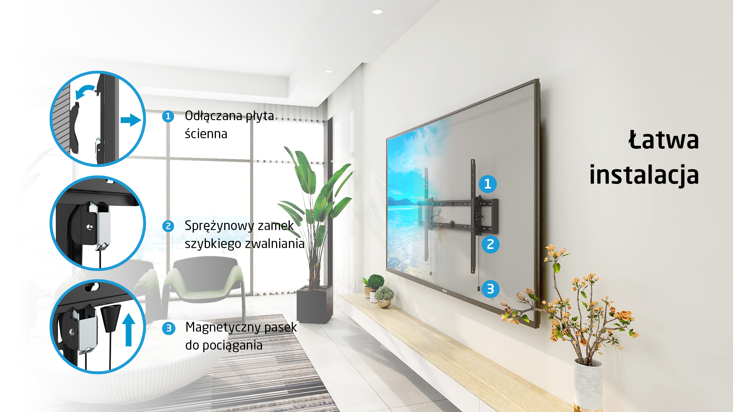 Uchwyt ścienny TV z instrukcją: odłączana płyta, sprężynowy zamek, pasek magnetyczny.