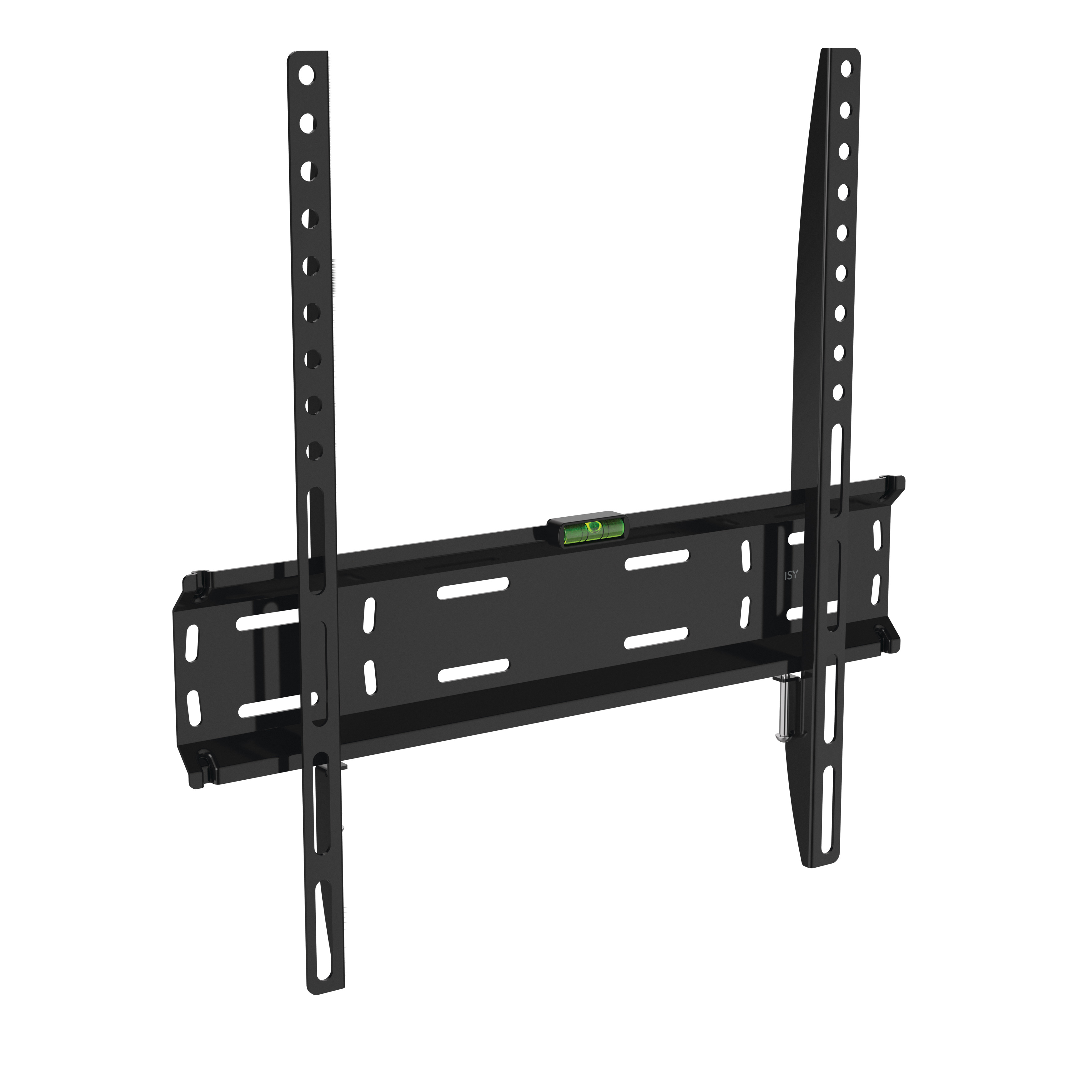 Czarny uchwyt ścienny do telewizora z poziomicą i regulowanymi ramionami.