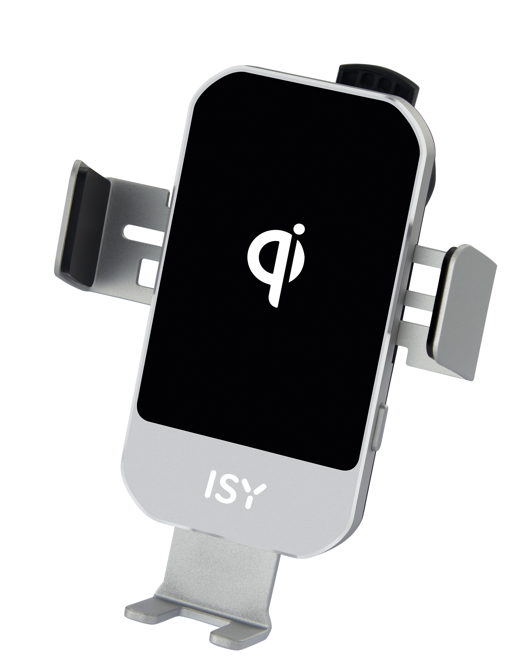Srebrny uchwyt na telefon z symbolem ładowania Qi na czarnym tle.