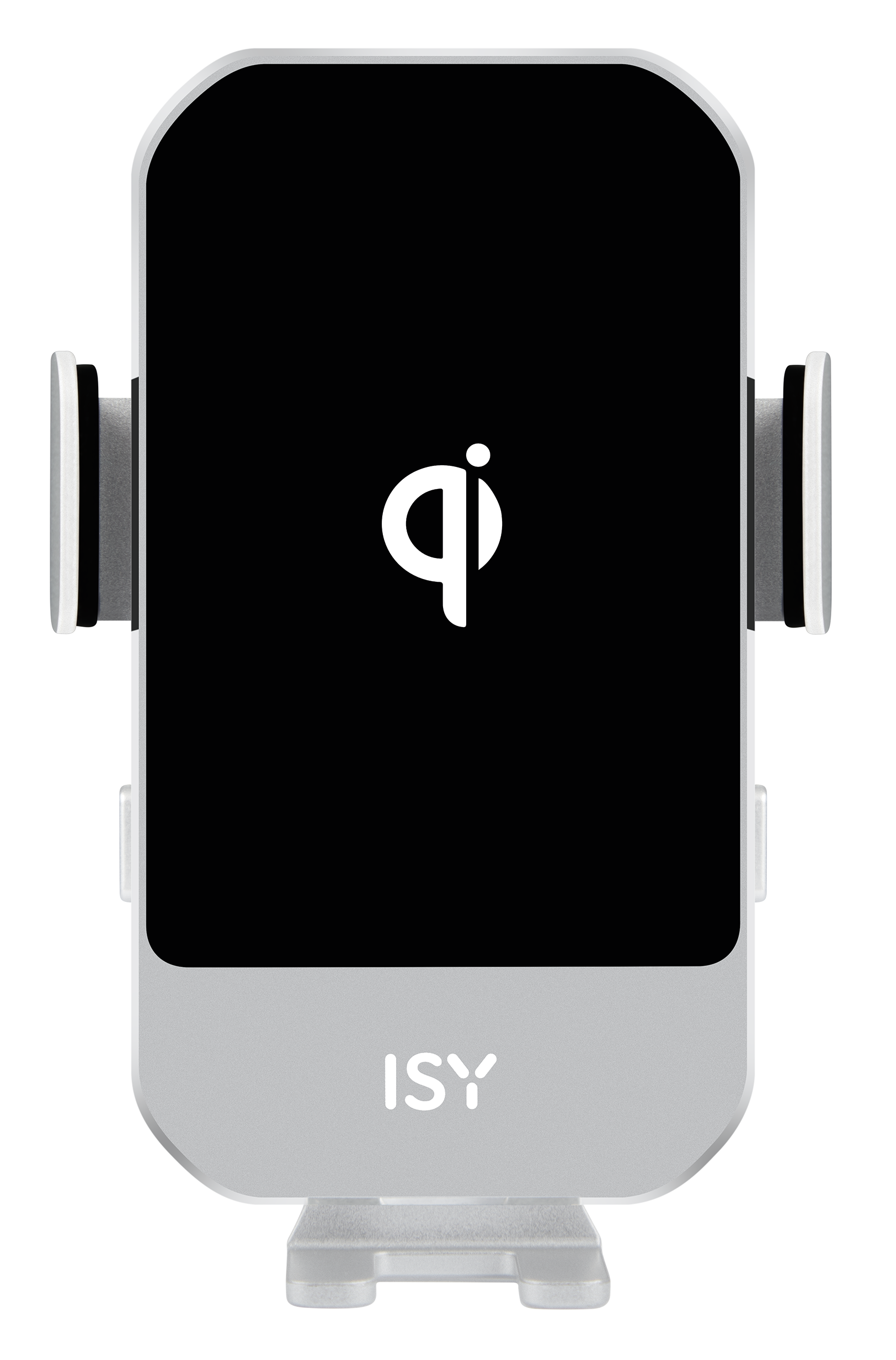 Biała ładowarka bezprzewodowa z symbolem Qi i logo ISY.