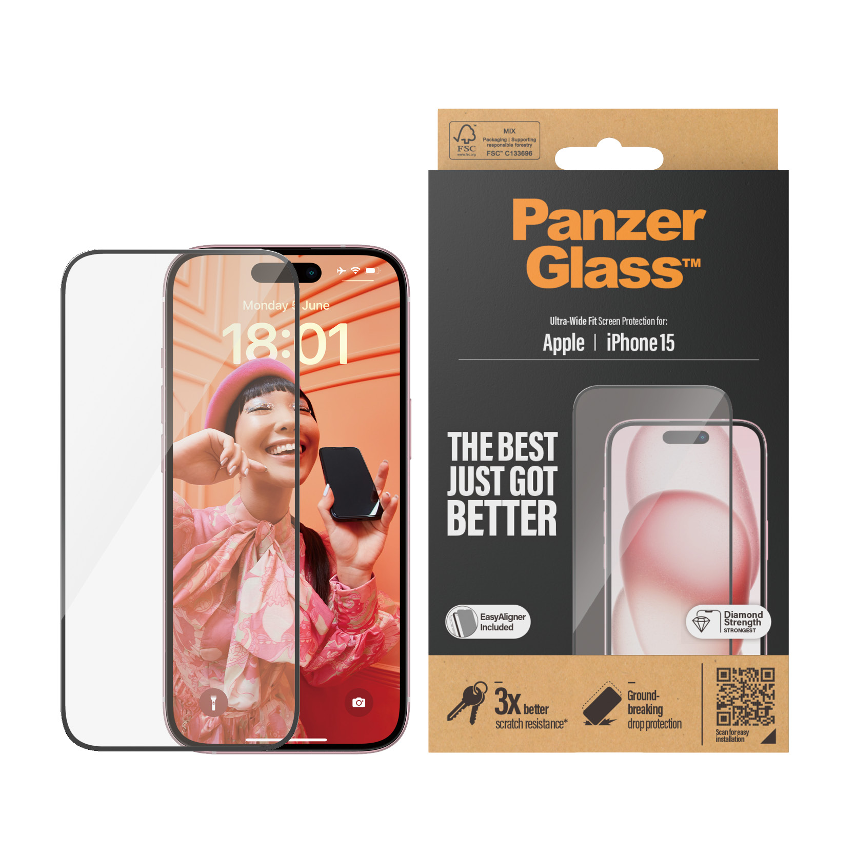 Folia ochronna Panzer Glass na iPhone 15 z prowadnicą i ochroną przed zarysowaniami.