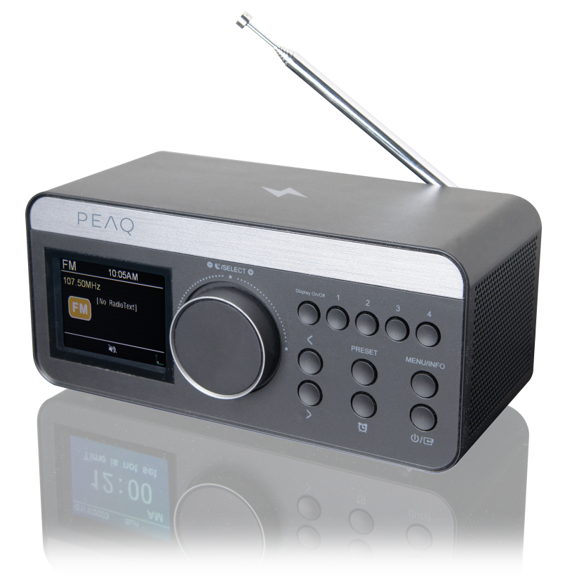 Szare radio cyfrowe PEAQ z wysuniętą anteną i ekranem LCD.