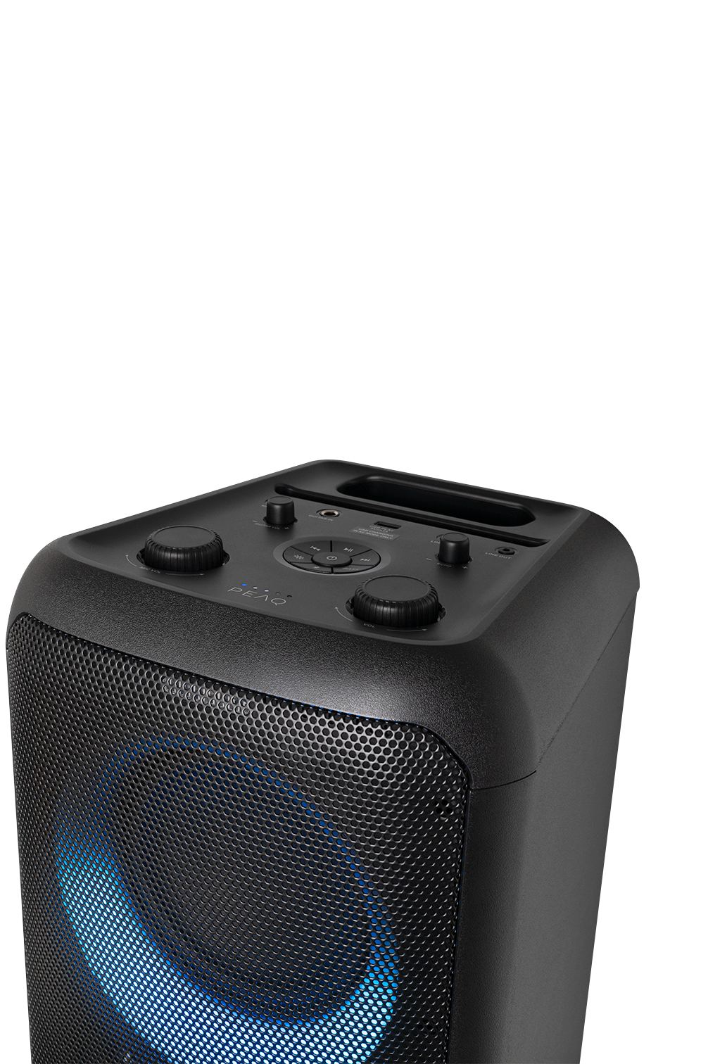 Czarny głośnik z niebieskim podświetleniem i elementami sterującymi na górze.