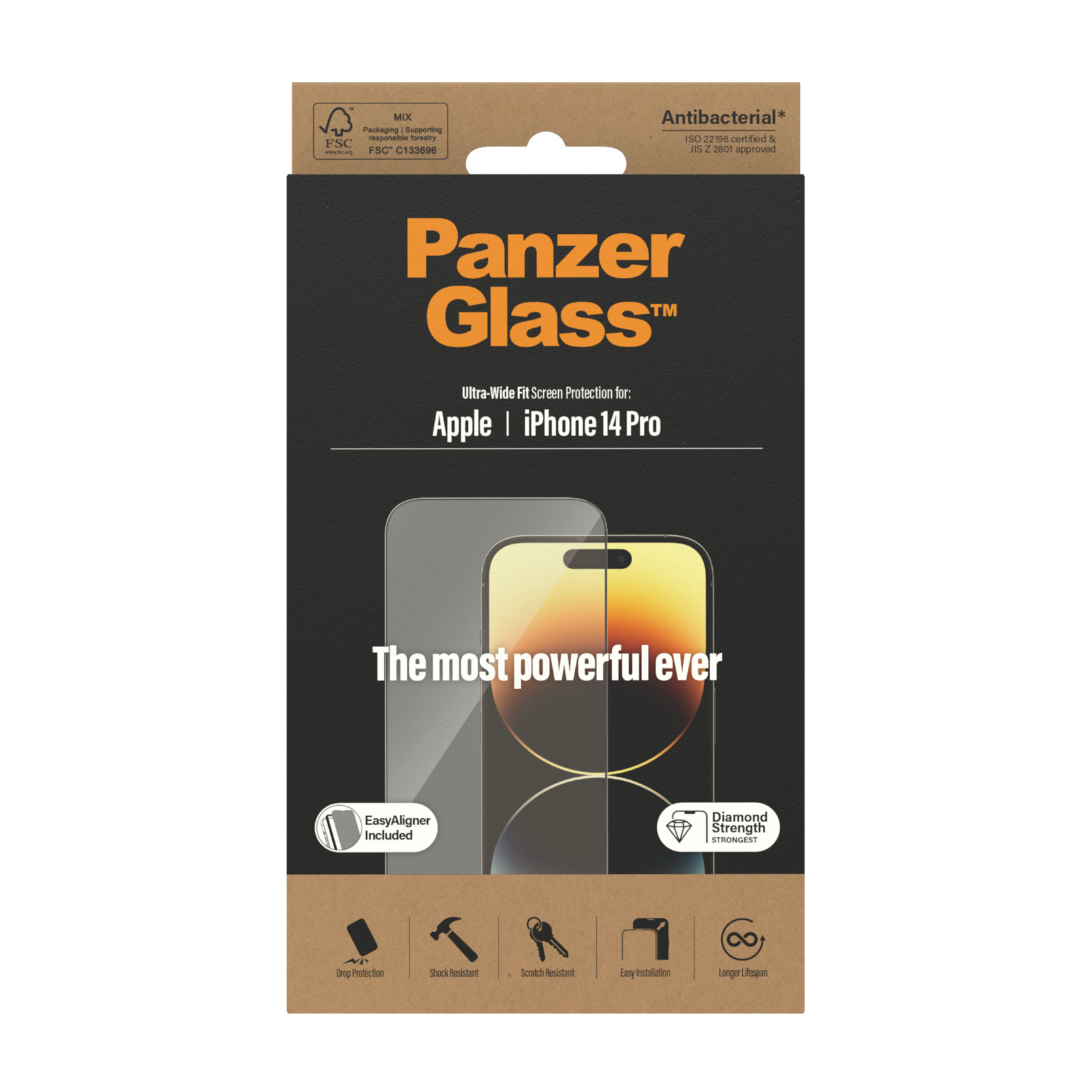 Opakowanie osłony ekranu Panzer Glass iPhone 14 Pro z ikonami.