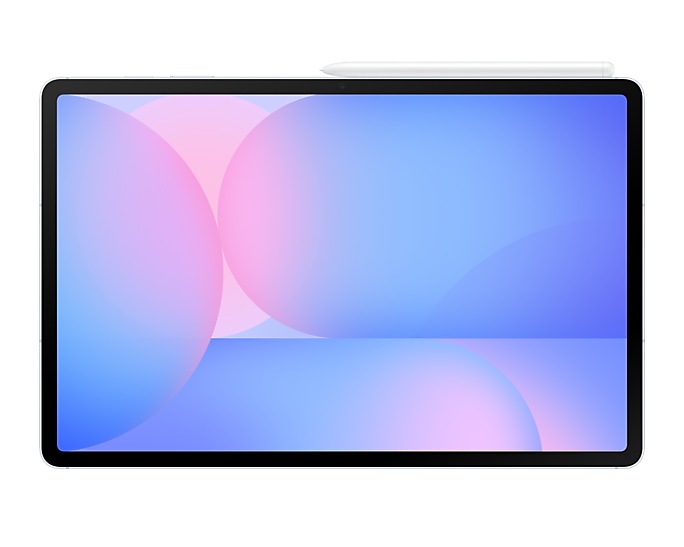 Biały tablet ze stylusem na górze, wyświetlający niebiesko-różowe tło.