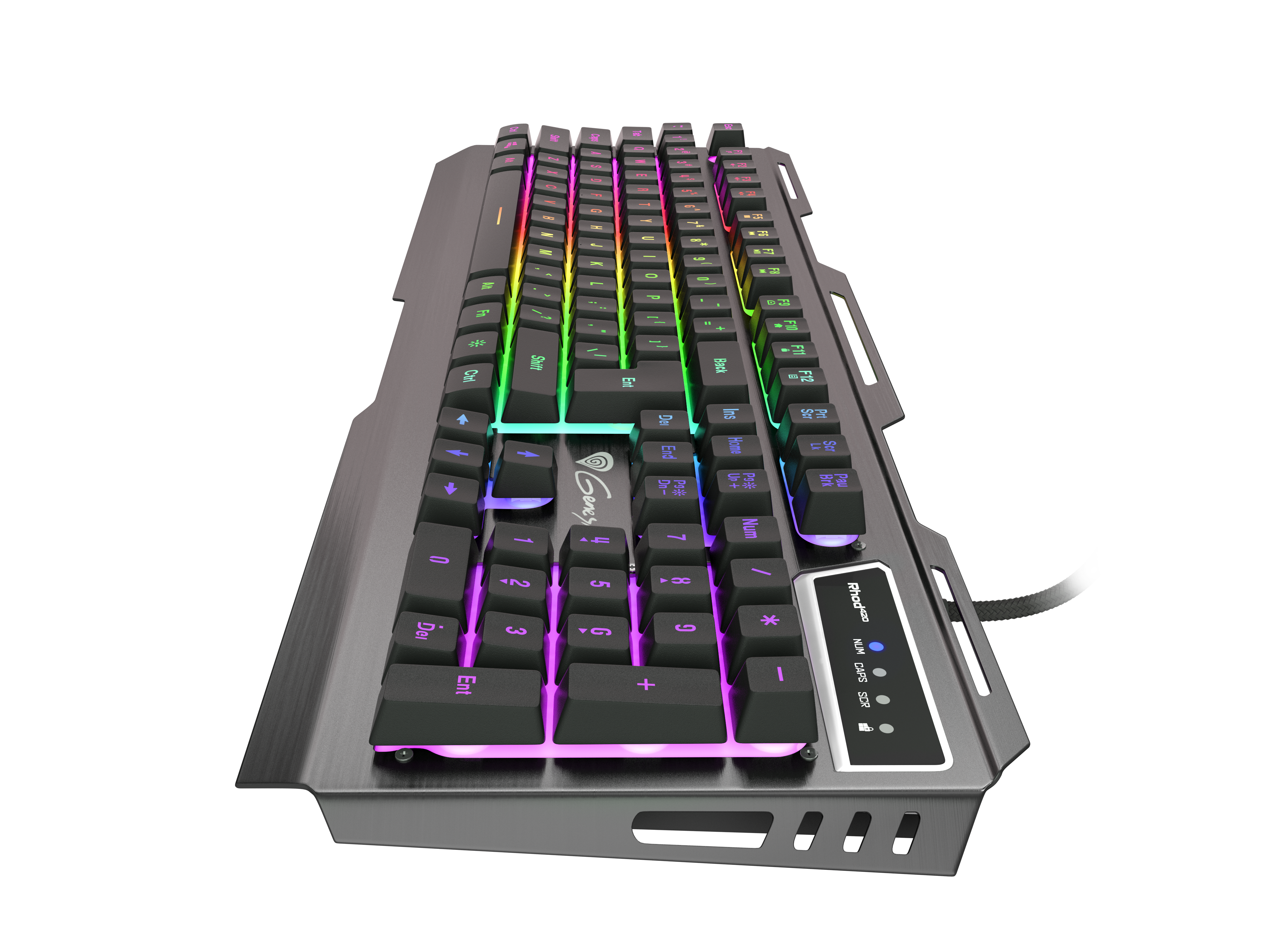 Szara klawiatura gamingowa z podświetleniem RGB na czarnym tle.