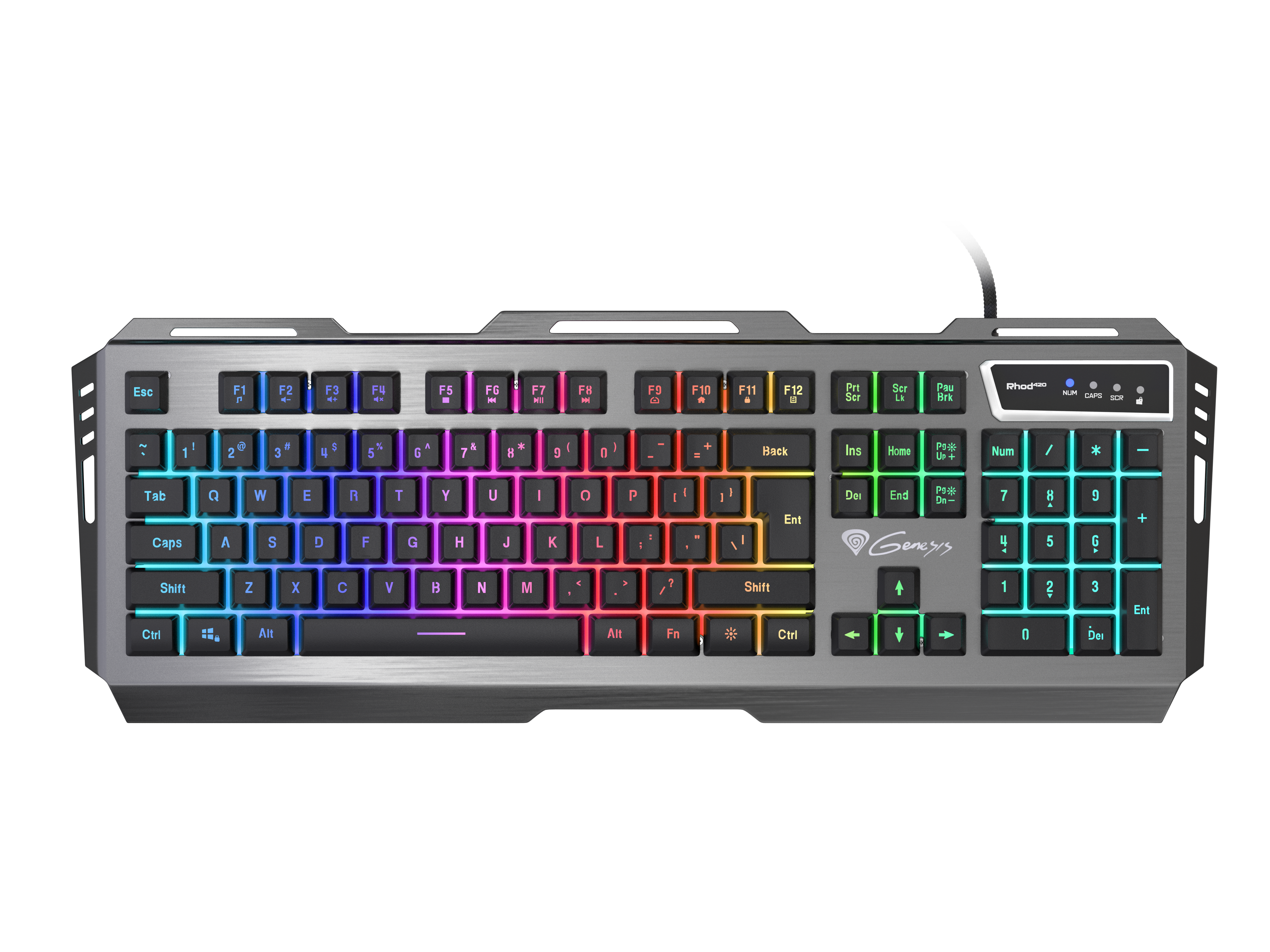 Szara klawiatura gamingowa z podświetleniem RGB na czarnym tle.