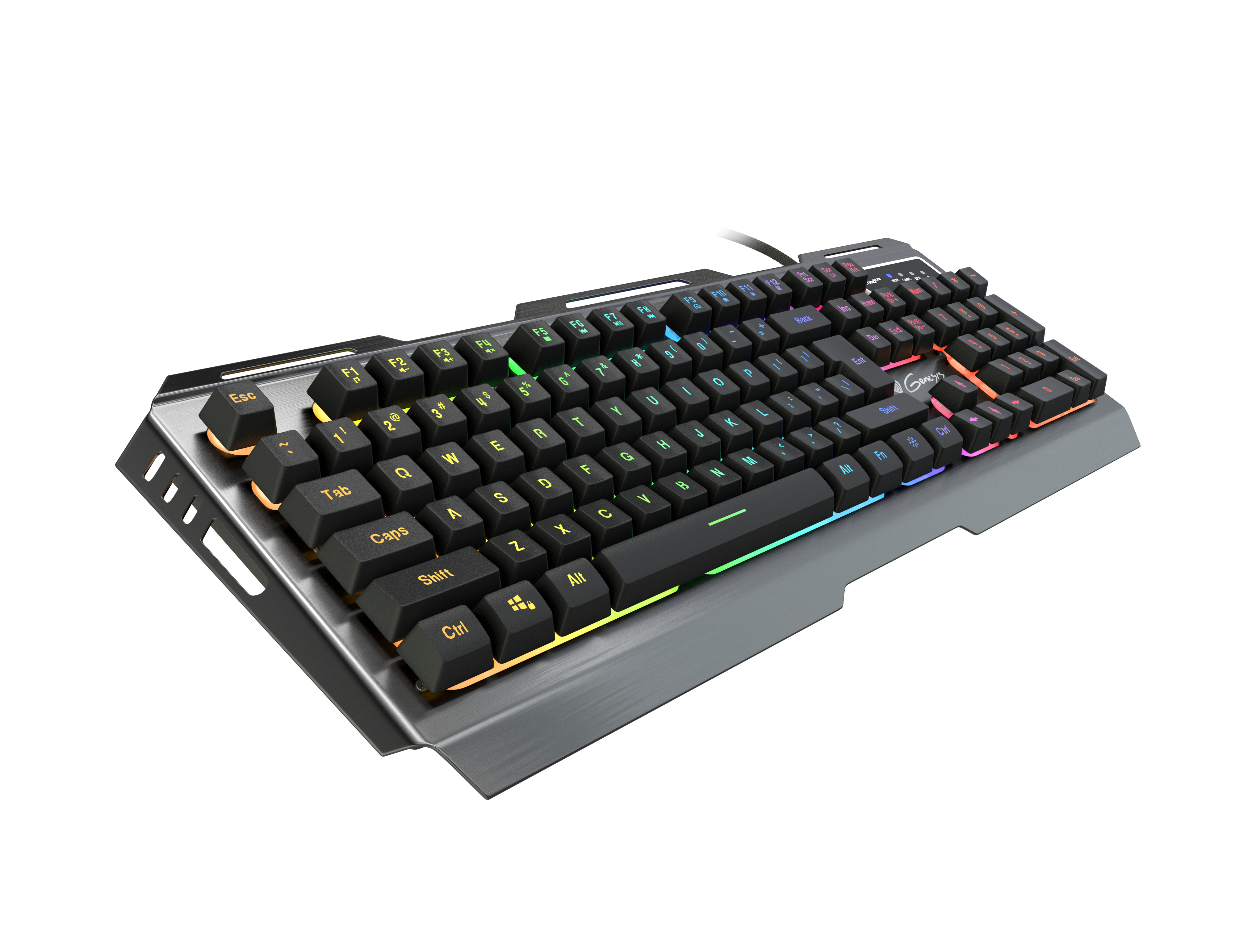 Czarna klawiatura gamingowa z podświetleniem RGB na czarnym tle.