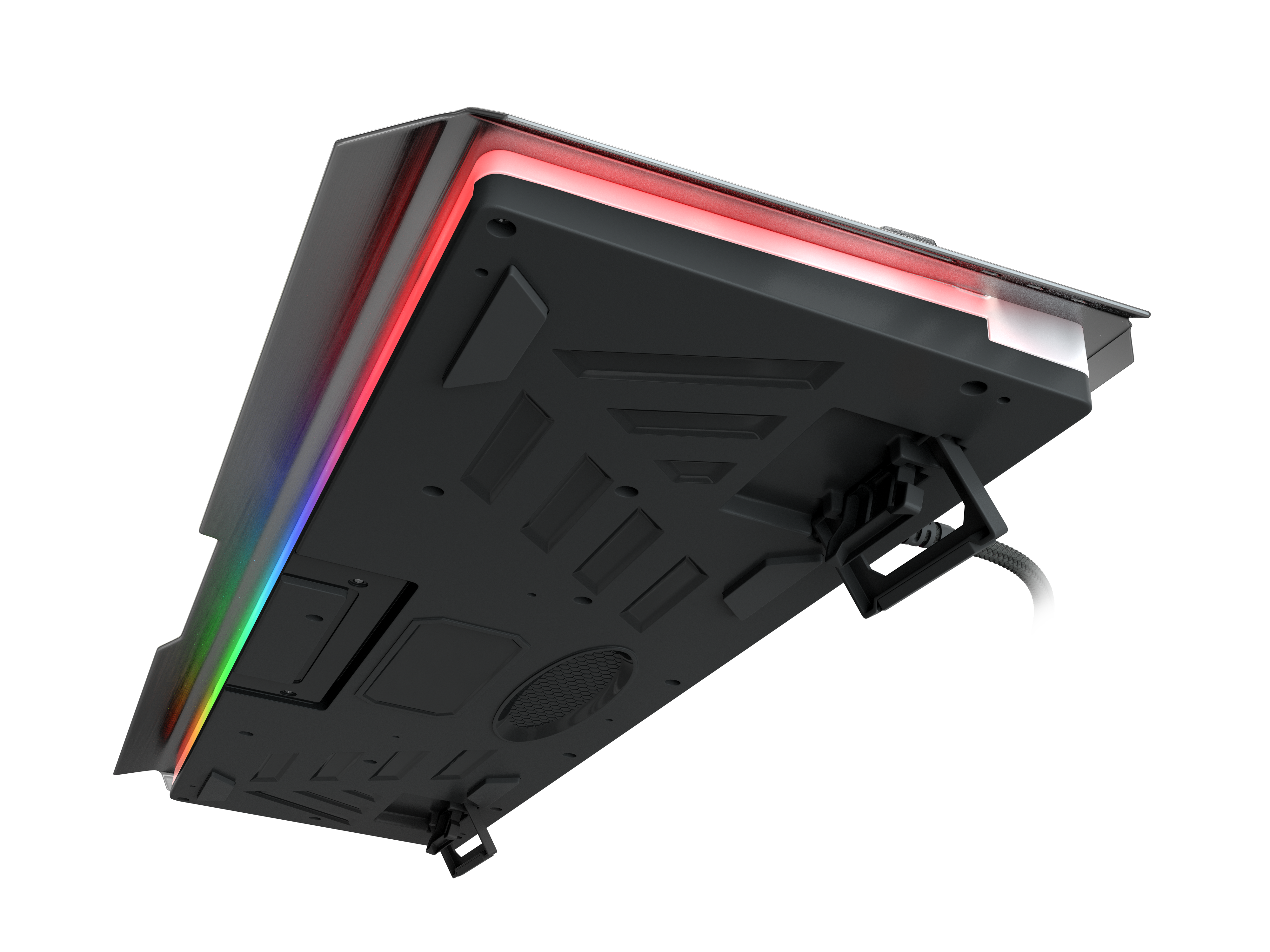 Spód klawiatury gamingowej z oświetleniem RGB i rozkładanymi nóżkami.