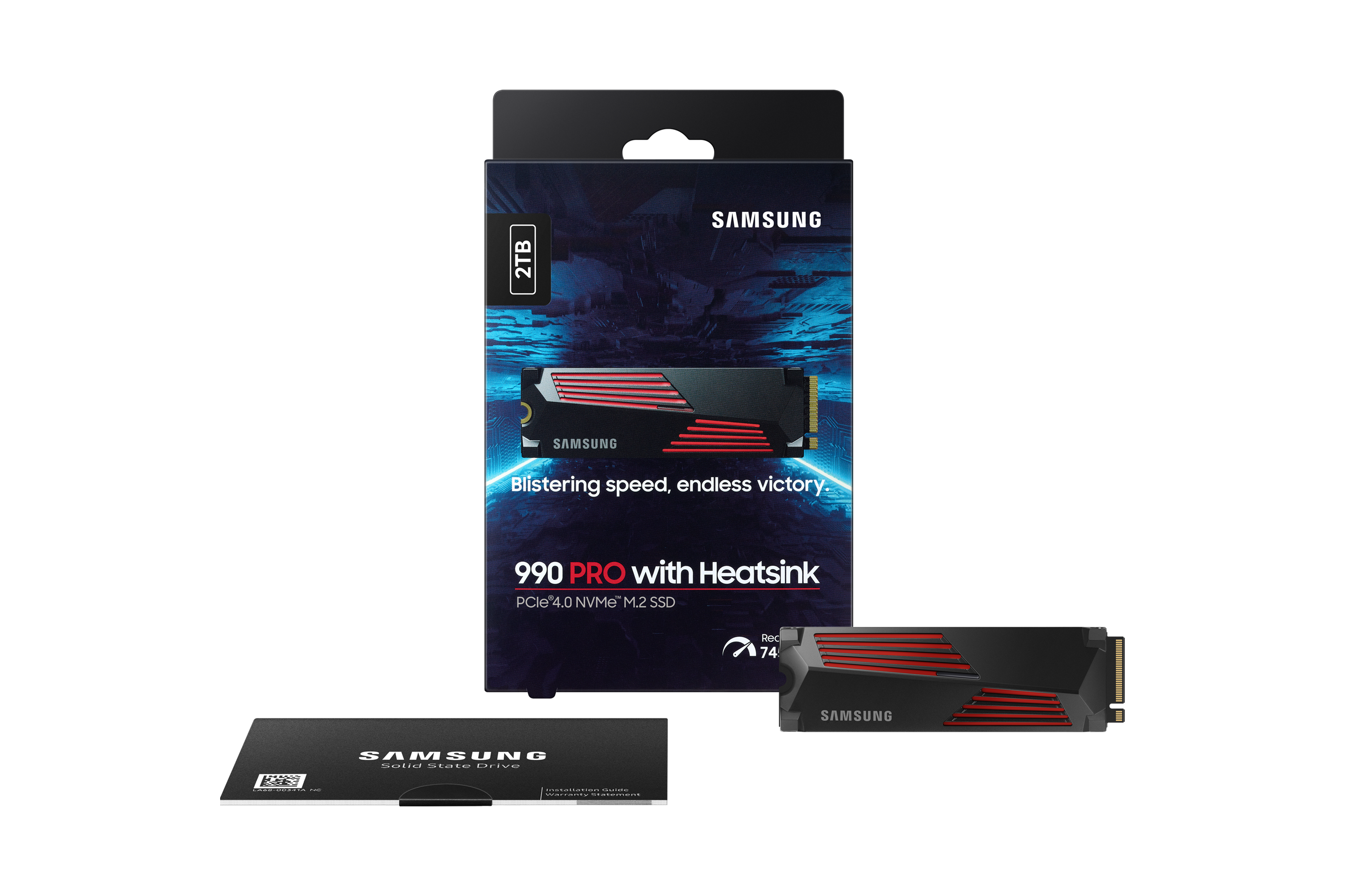 Dysk Samsung 990 PRO z radiatorem, 2TB, M.2 NVMe. Pudełko i dysk pokazane.