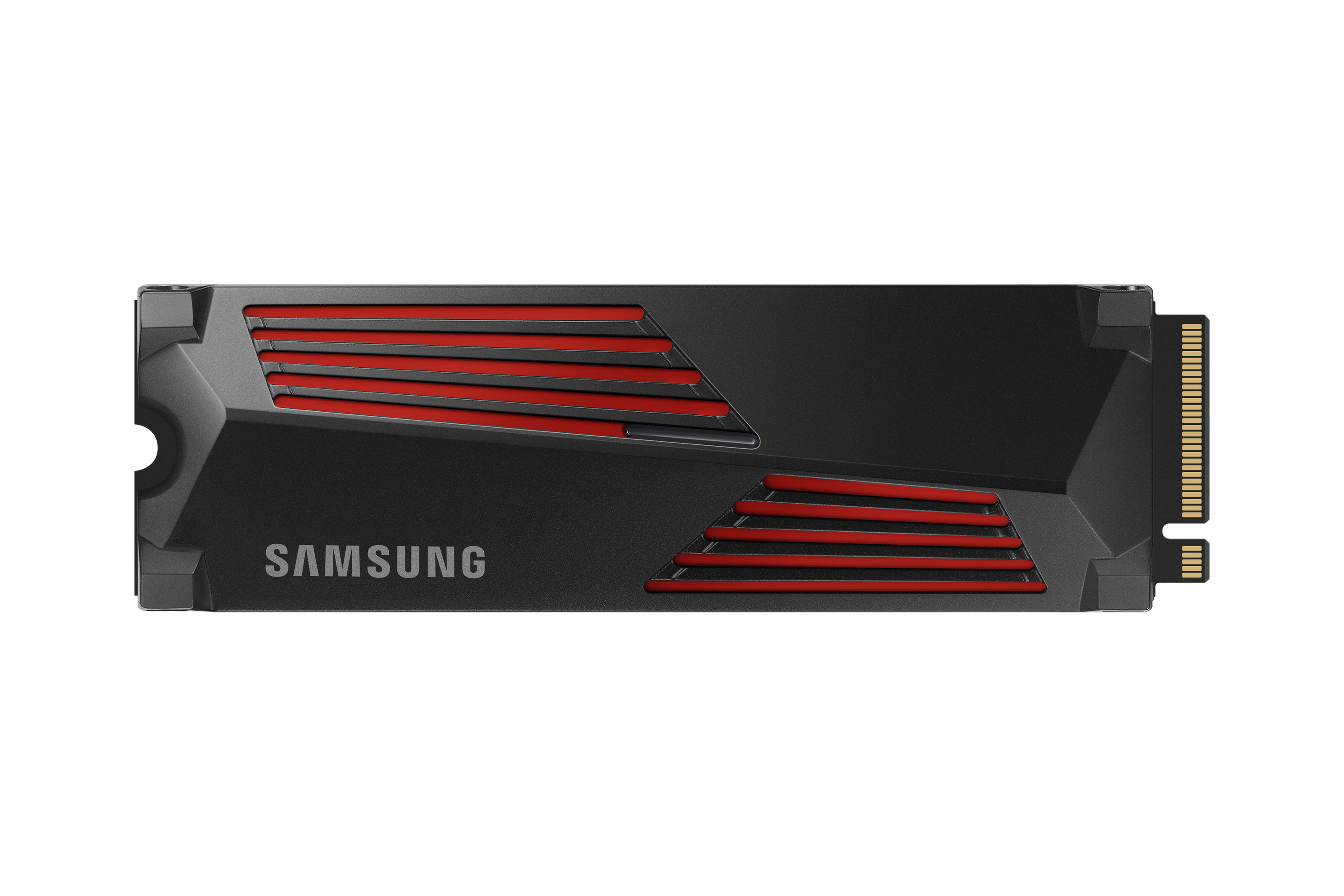 Czarny dysk SSD Samsung z czerwonymi otworami wentylacyjnymi i złotym złączem.