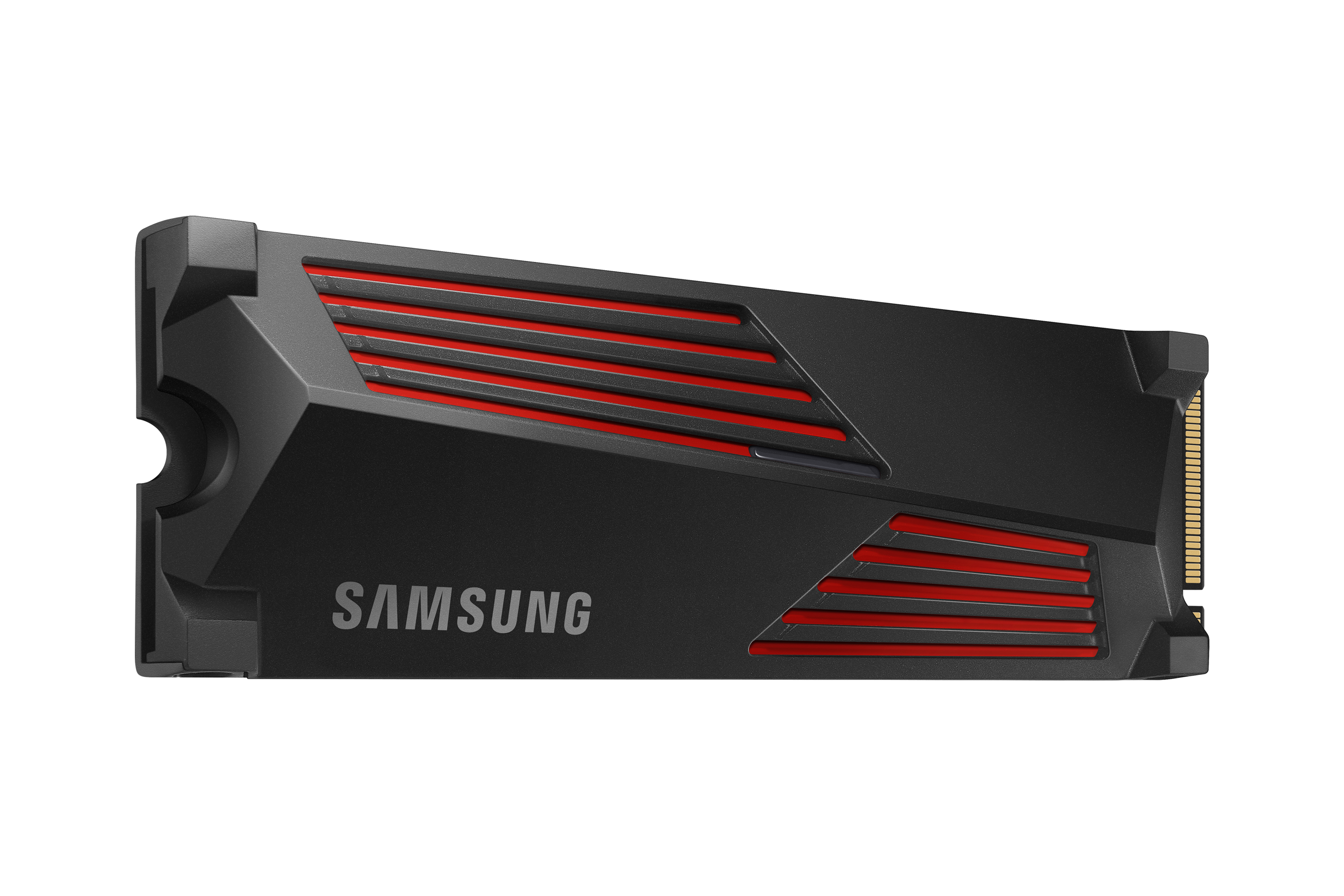 Czarny dysk SSD Samsung z czerwonymi otworami wentylacyjnymi i złotymi złączami.